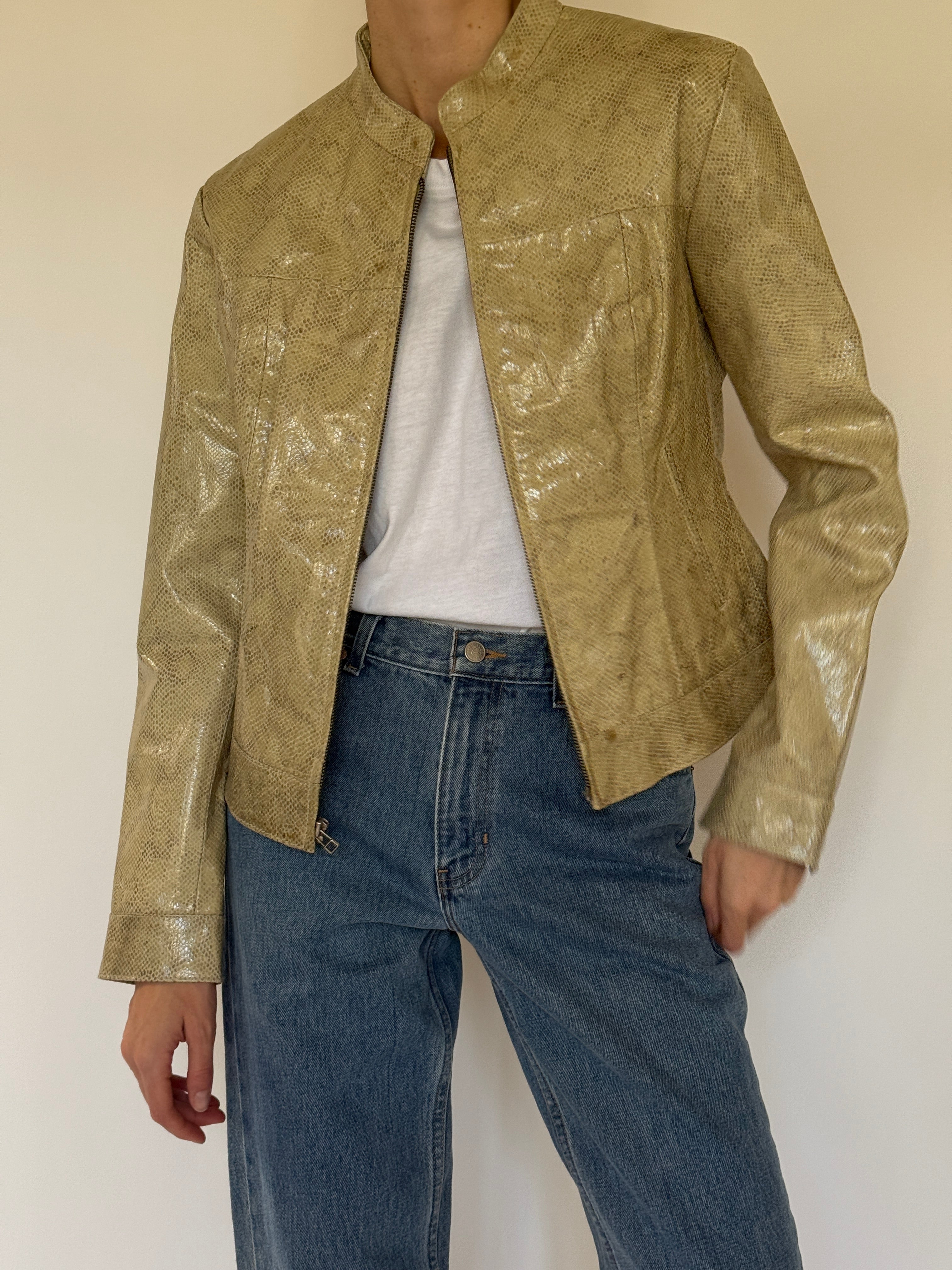 Vintage olive snake embossed leather jacket collar detail