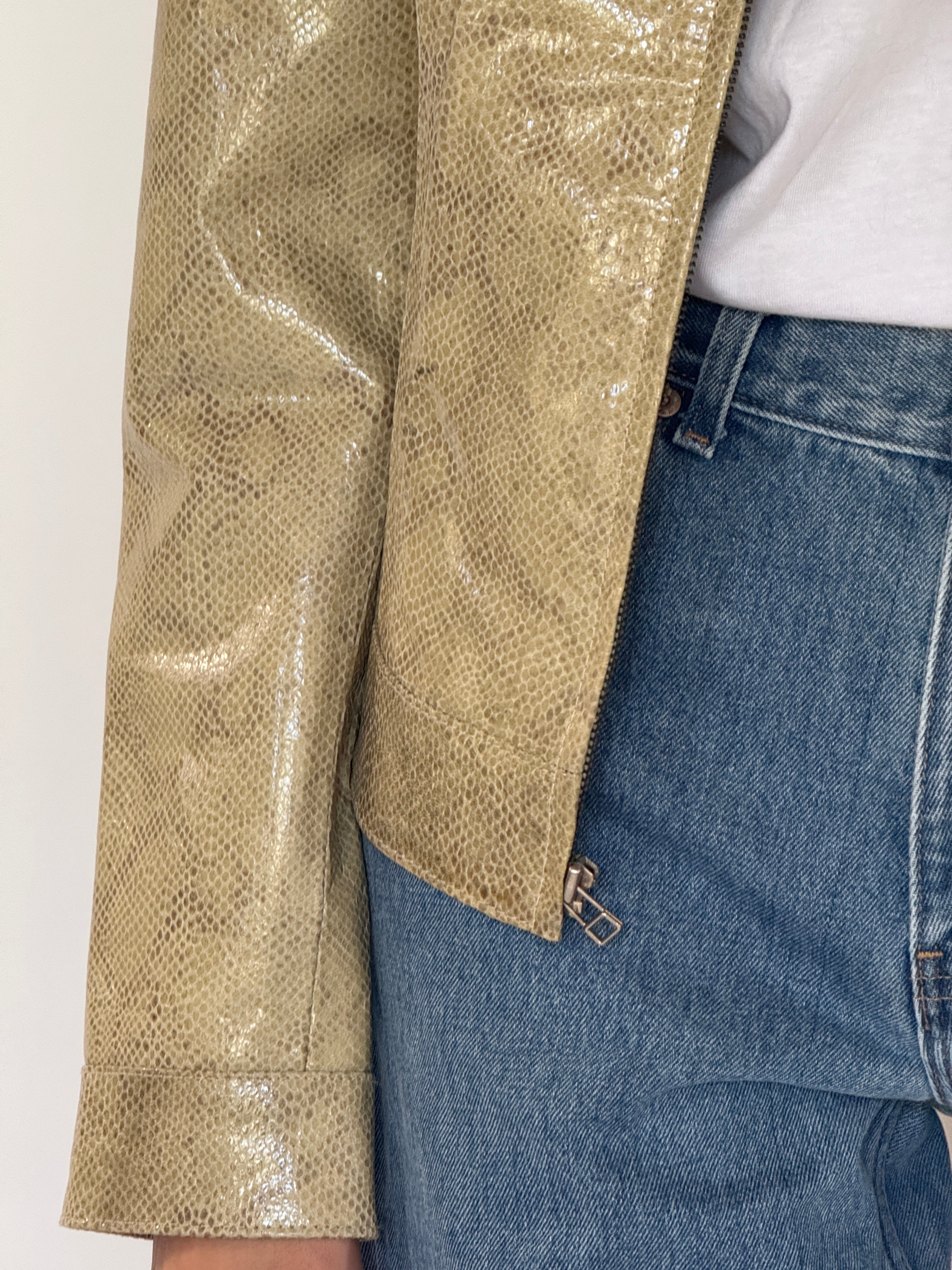 Vintage olive snake embossed leather jacket zipper detail