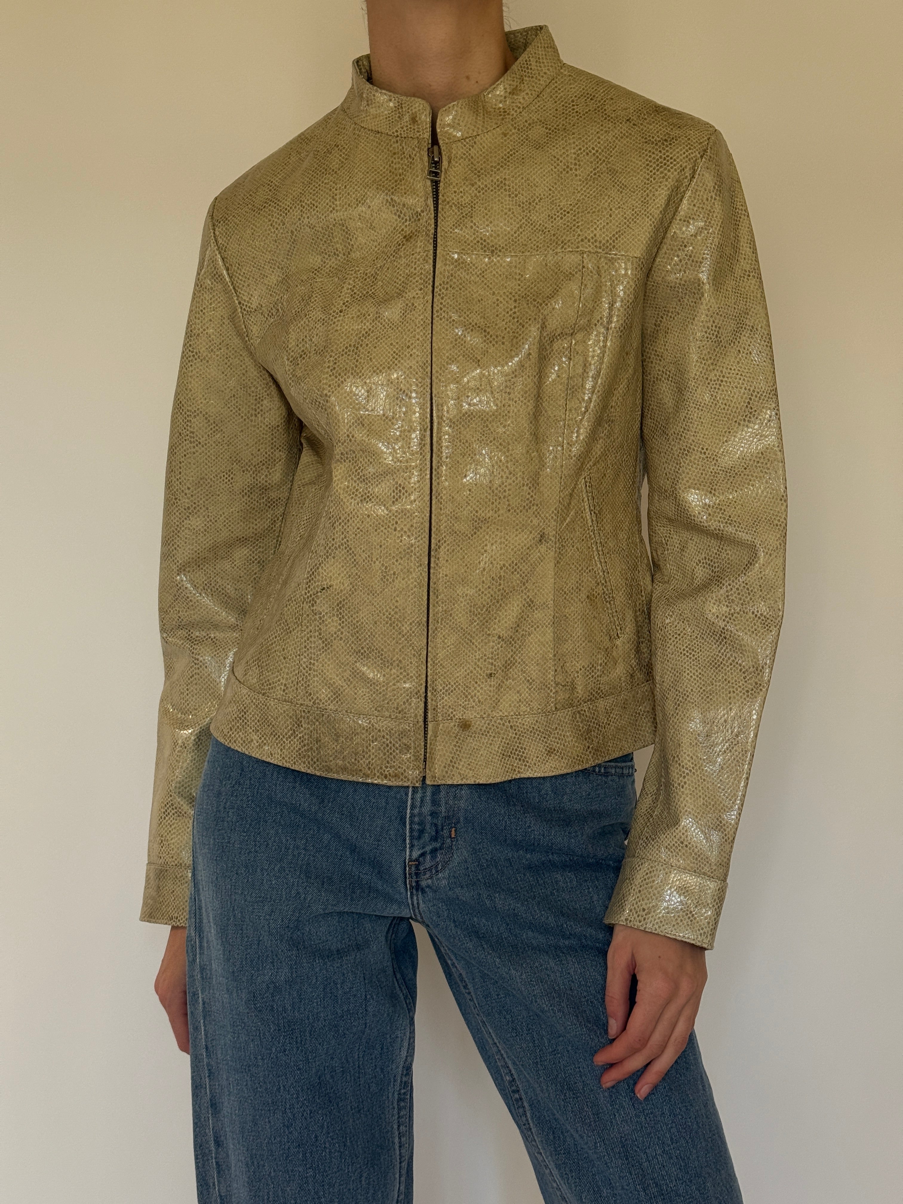 Vintage olive snake embossed leather jacket zipper detail
