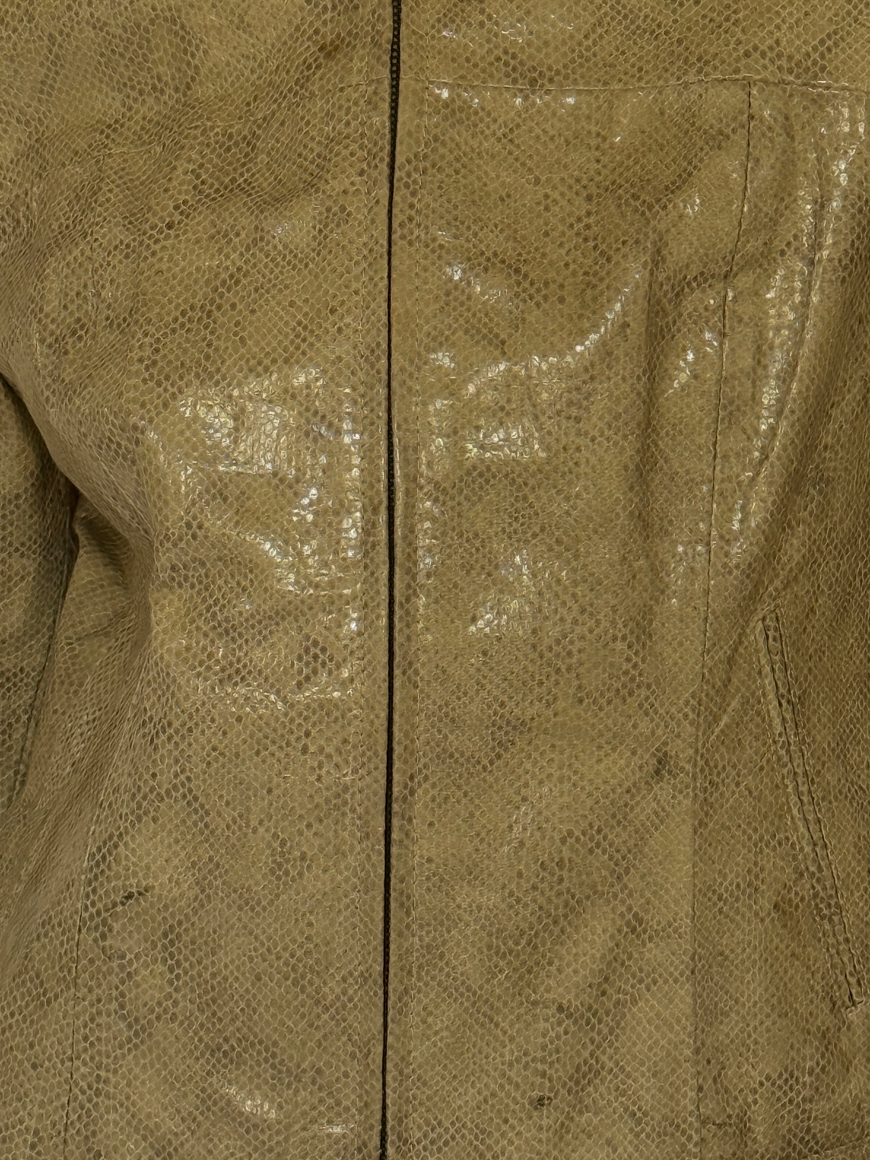 Vintage olive snake embossed leather jacket zipper detail