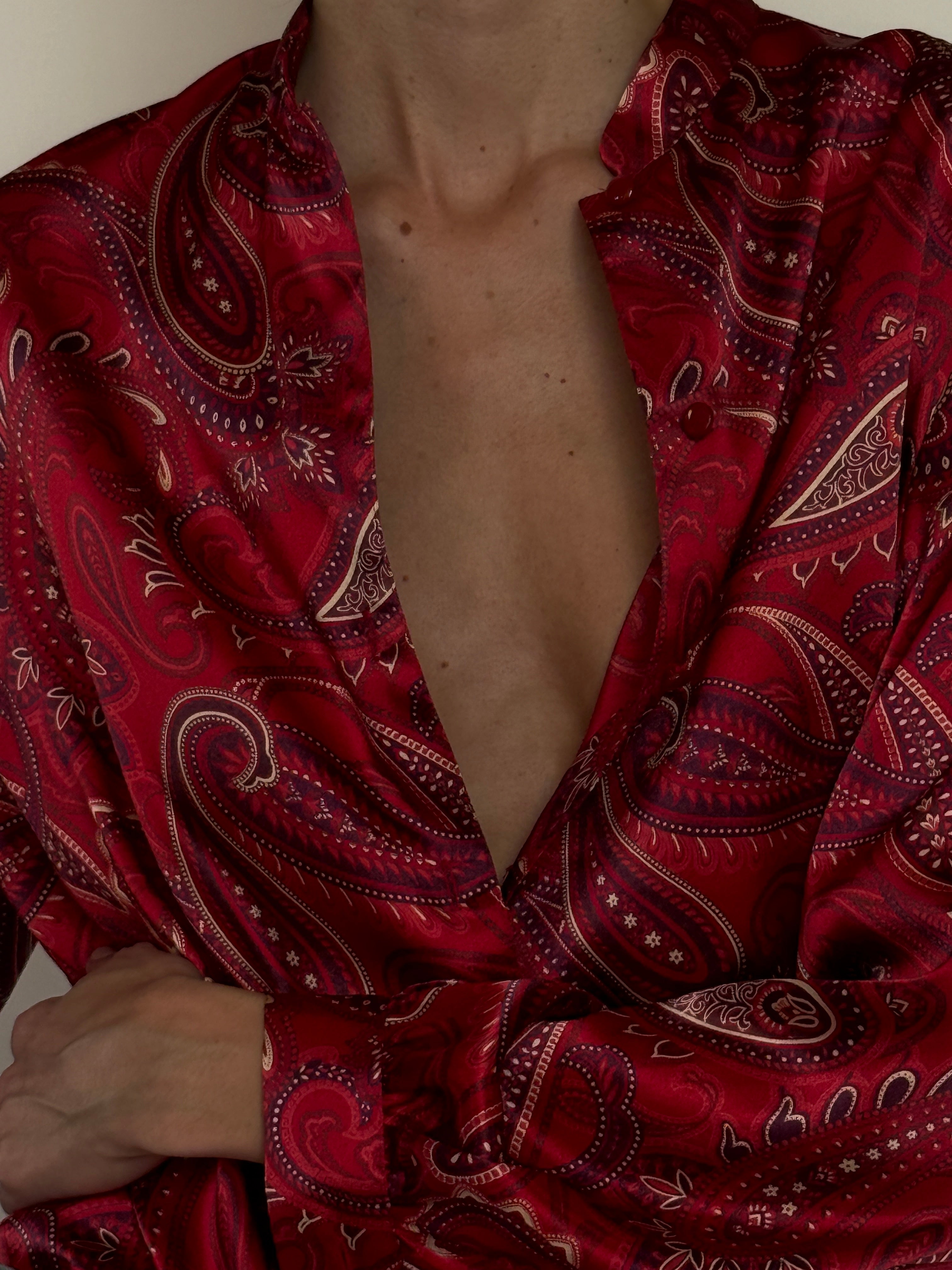 Vintage silk paisley blouse featuring button front in red