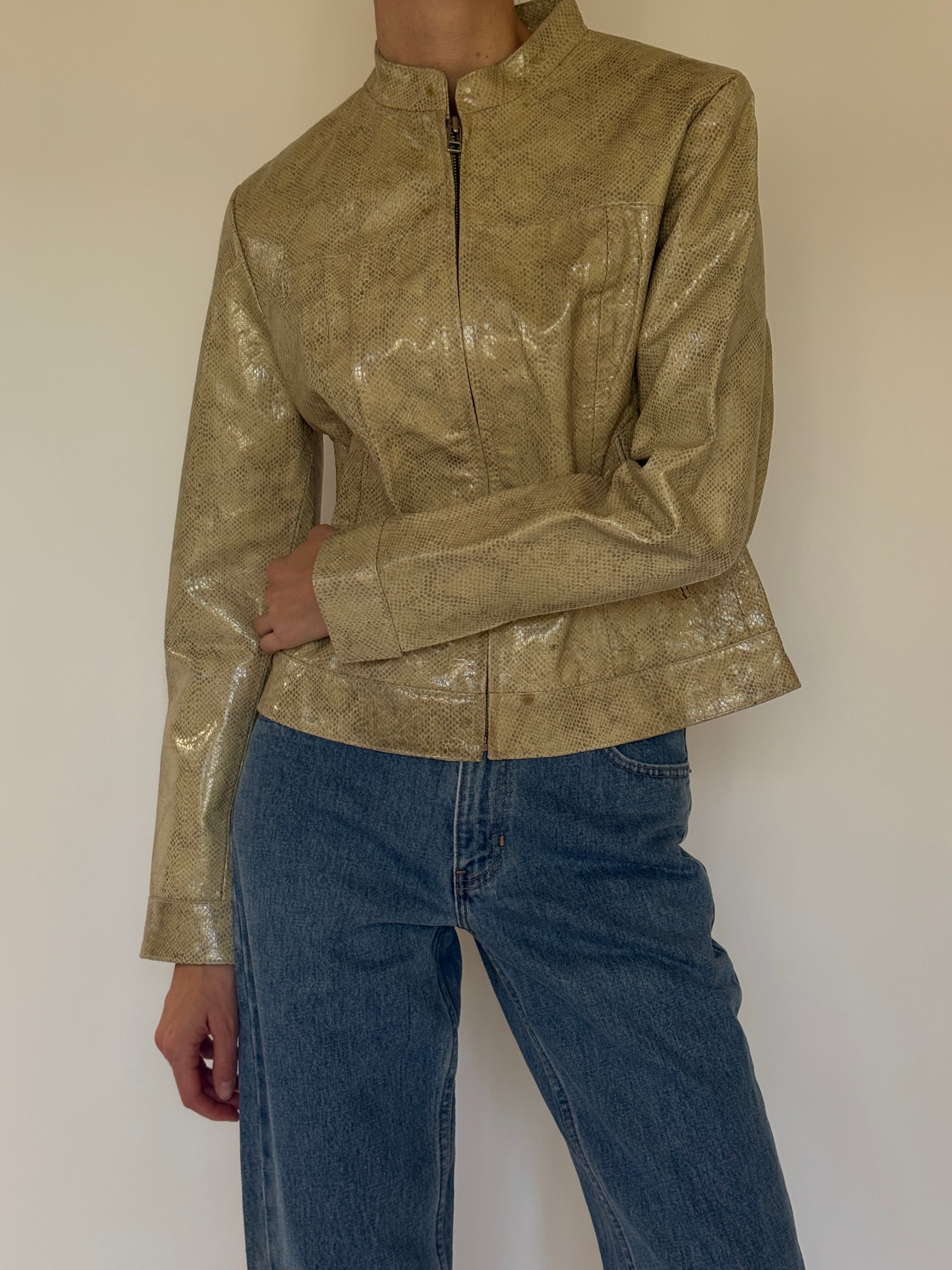 Vintage olive snake embossed leather jacket front view
