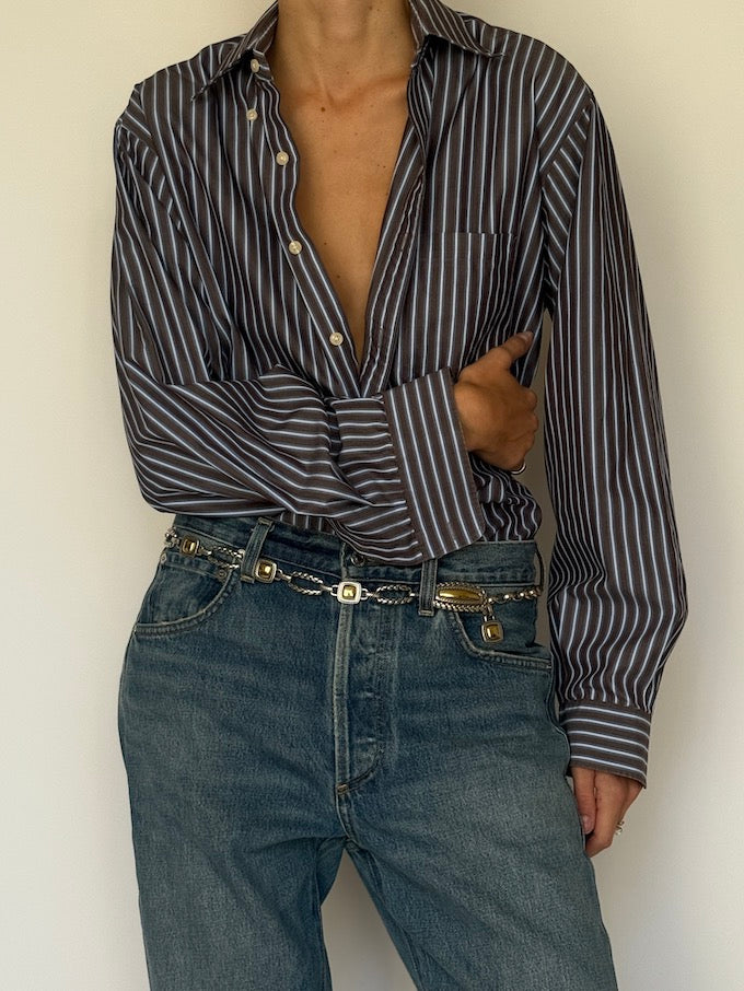 Vintage Oversized Stripe Shirt in Brown & Blue