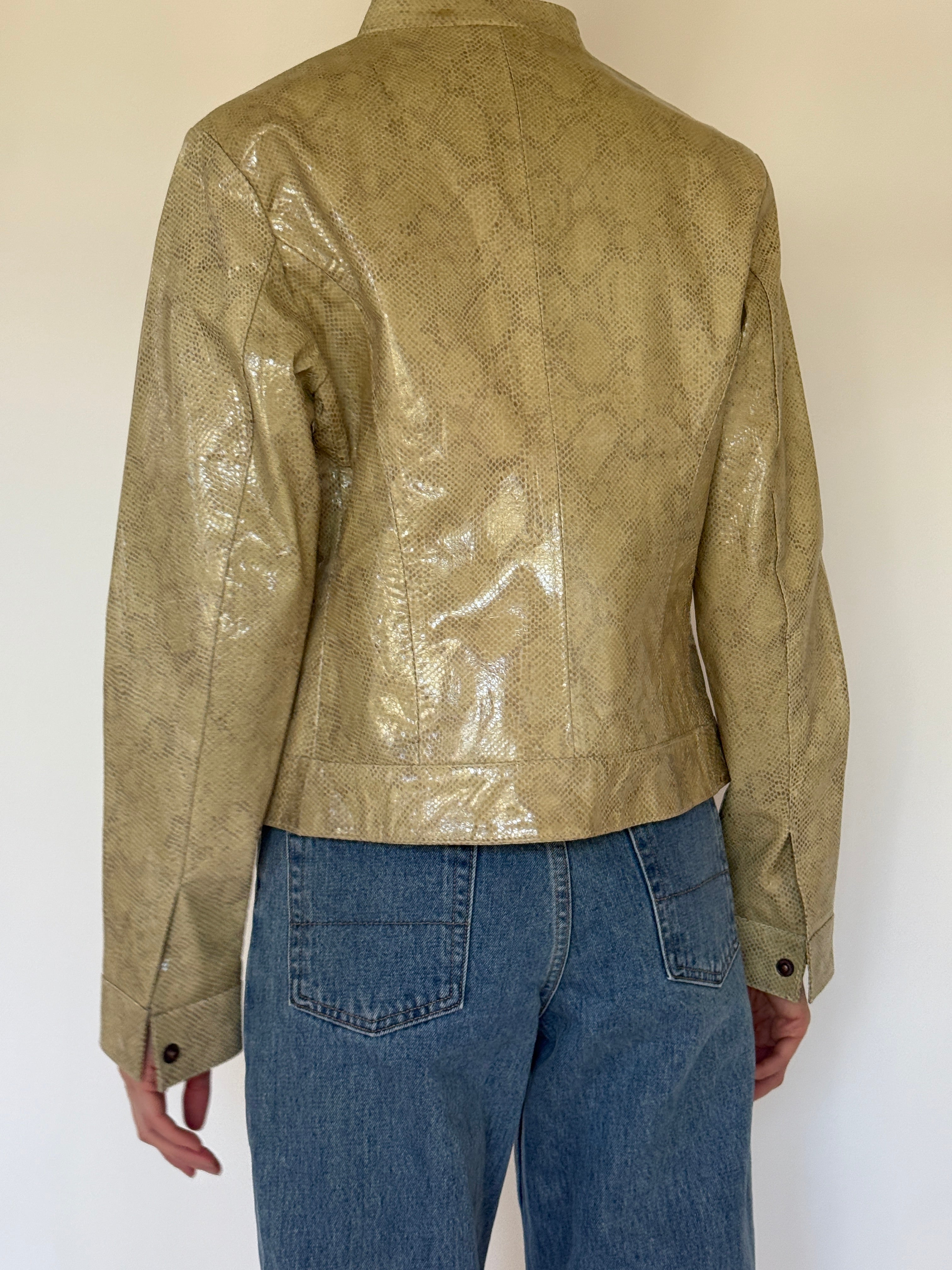 Vintage olive snake embossed leather jacket side view