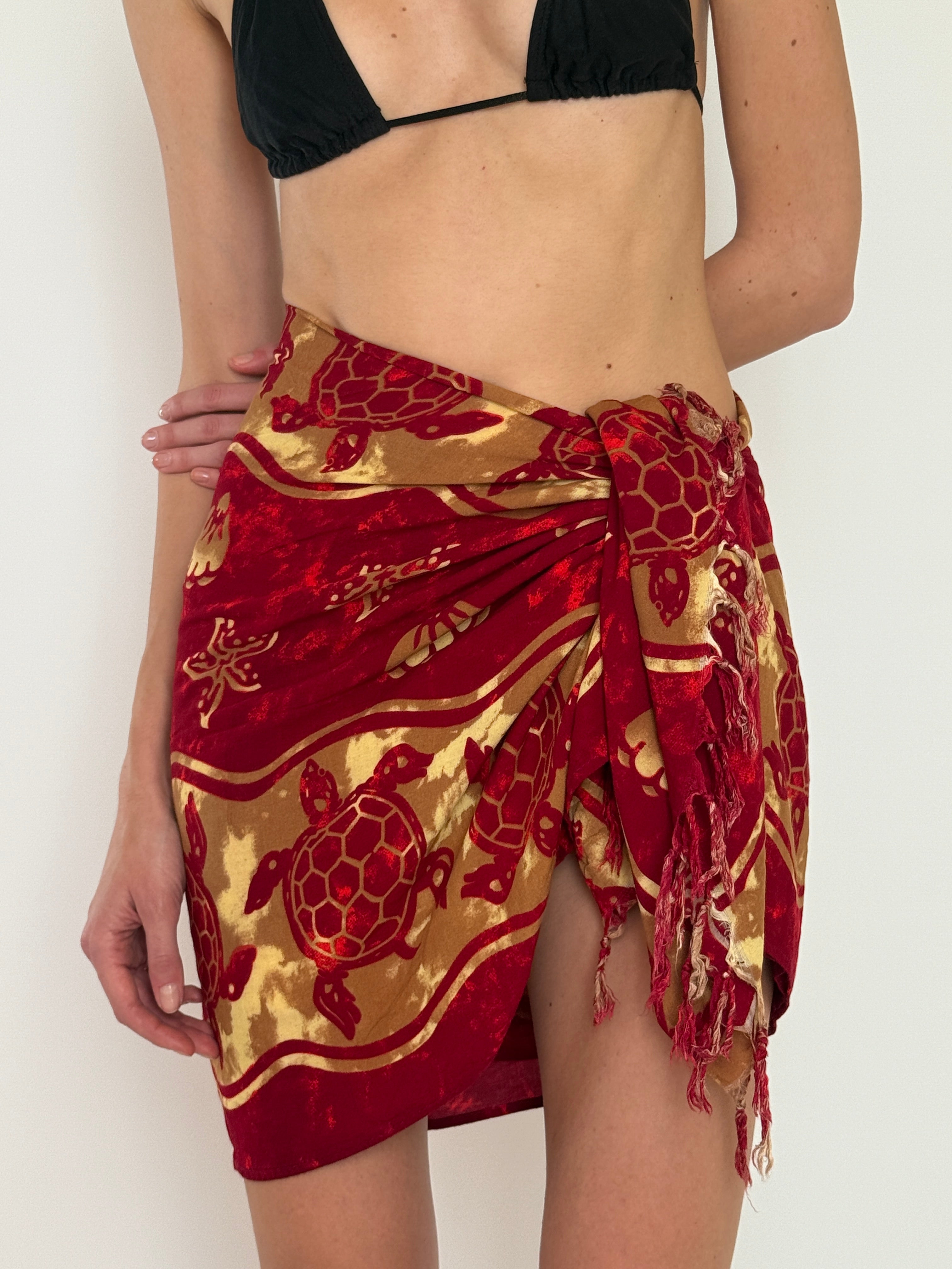 Vintage red turtle print wrap sarong fringe edge detail