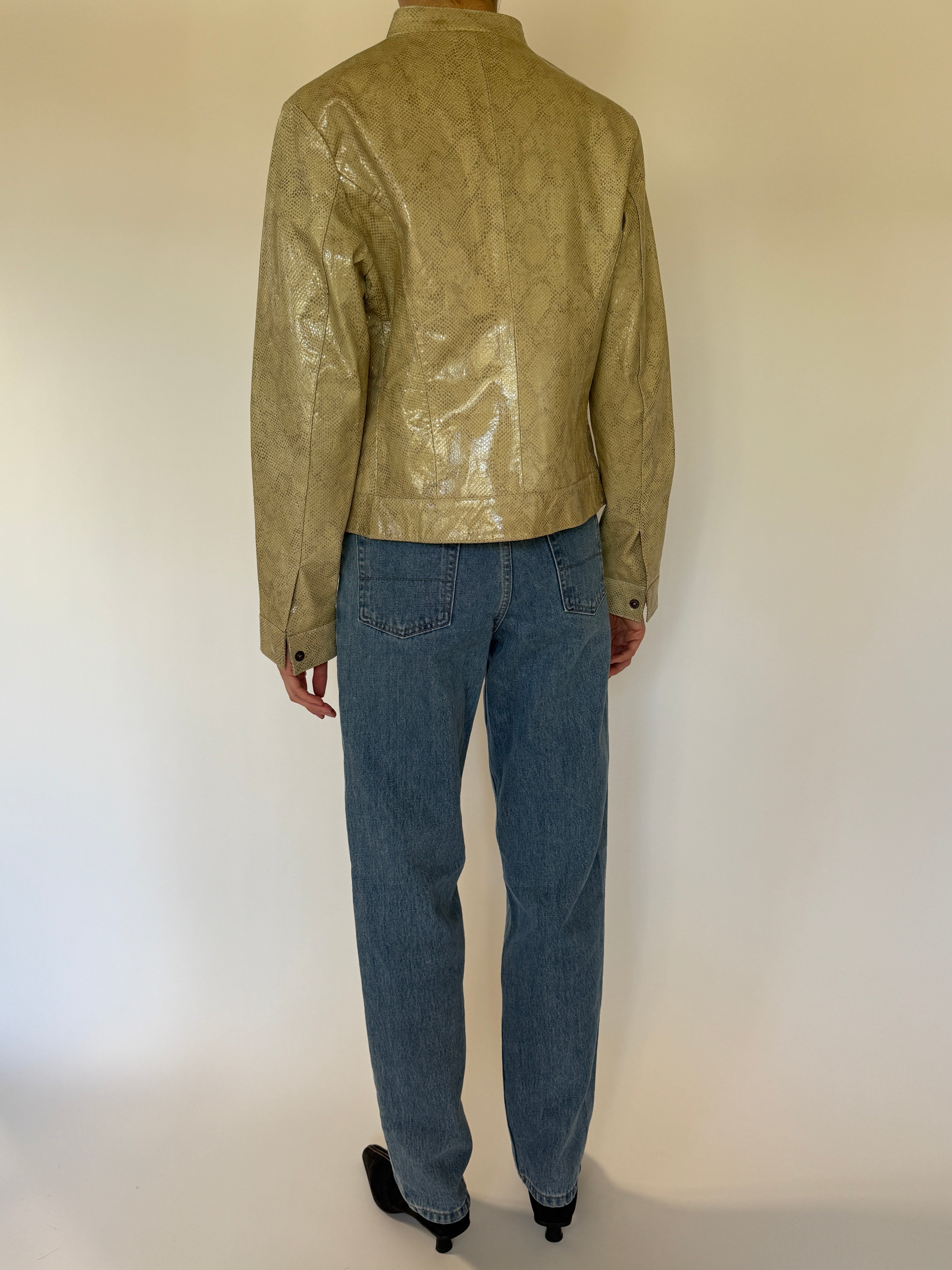 Vintage olive snake embossed leather jacket side view