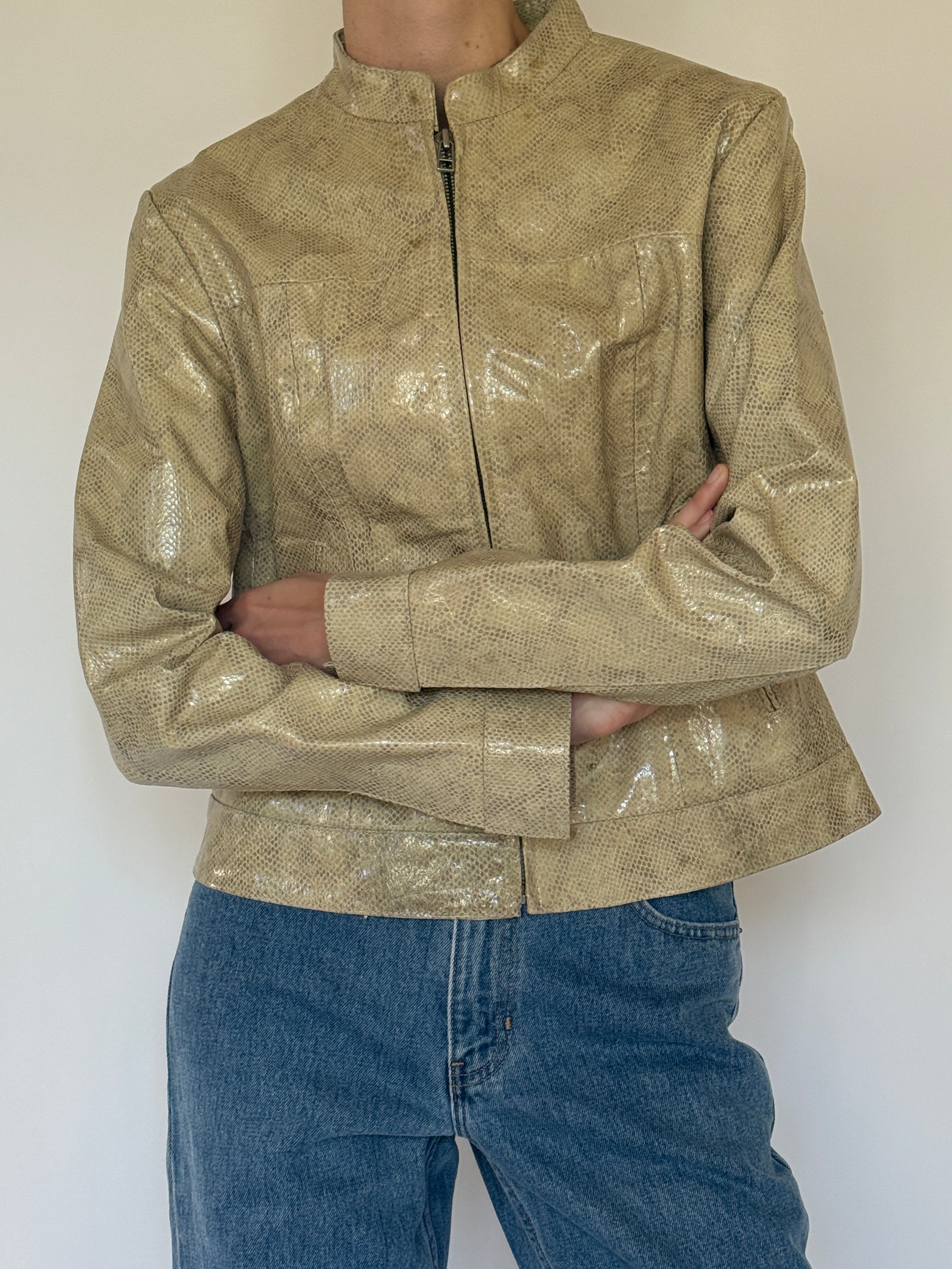 Vintage olive snake embossed leather jacket pocket detail