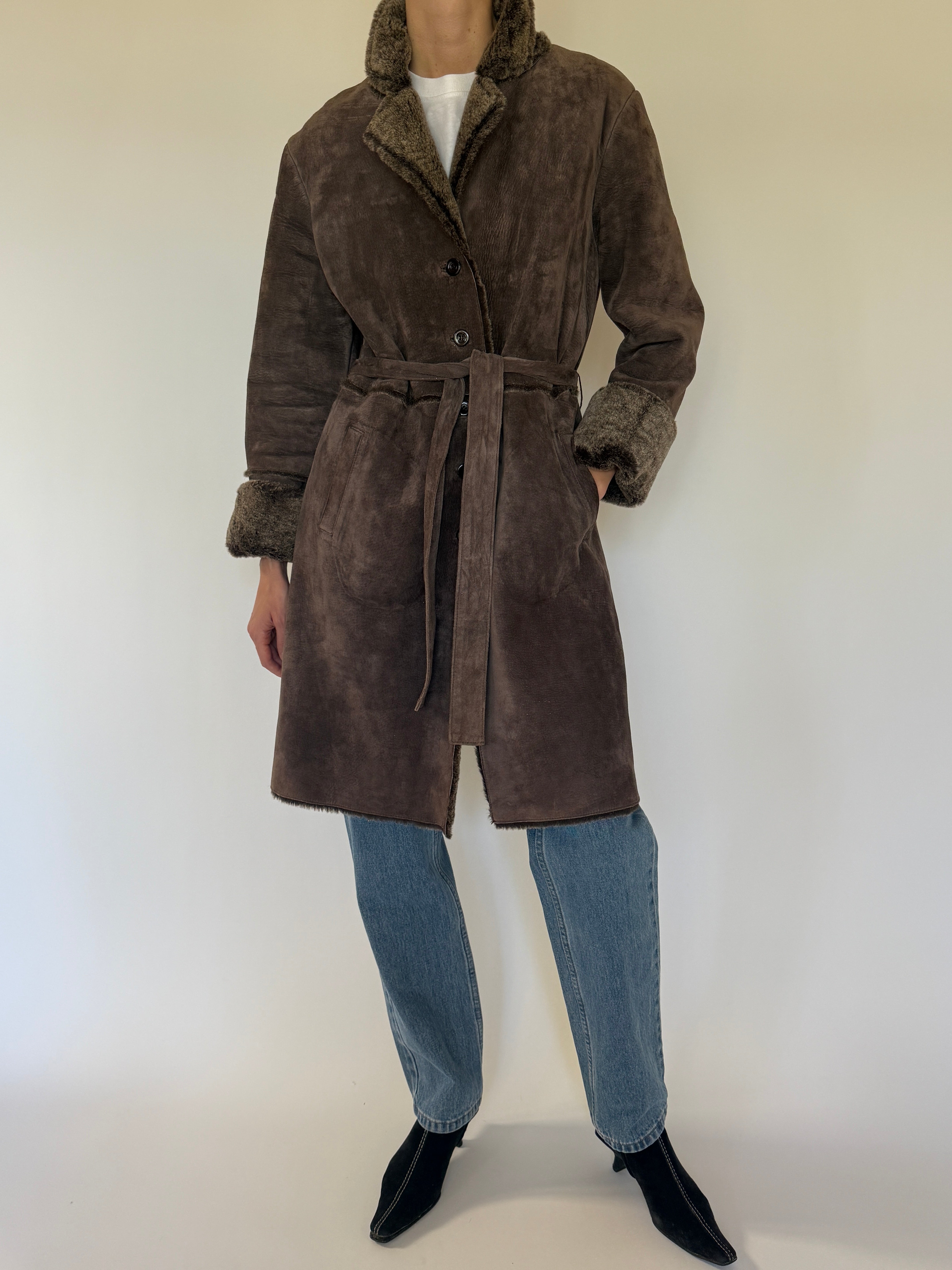 Vintage brown leather coat faux fur lining front view
