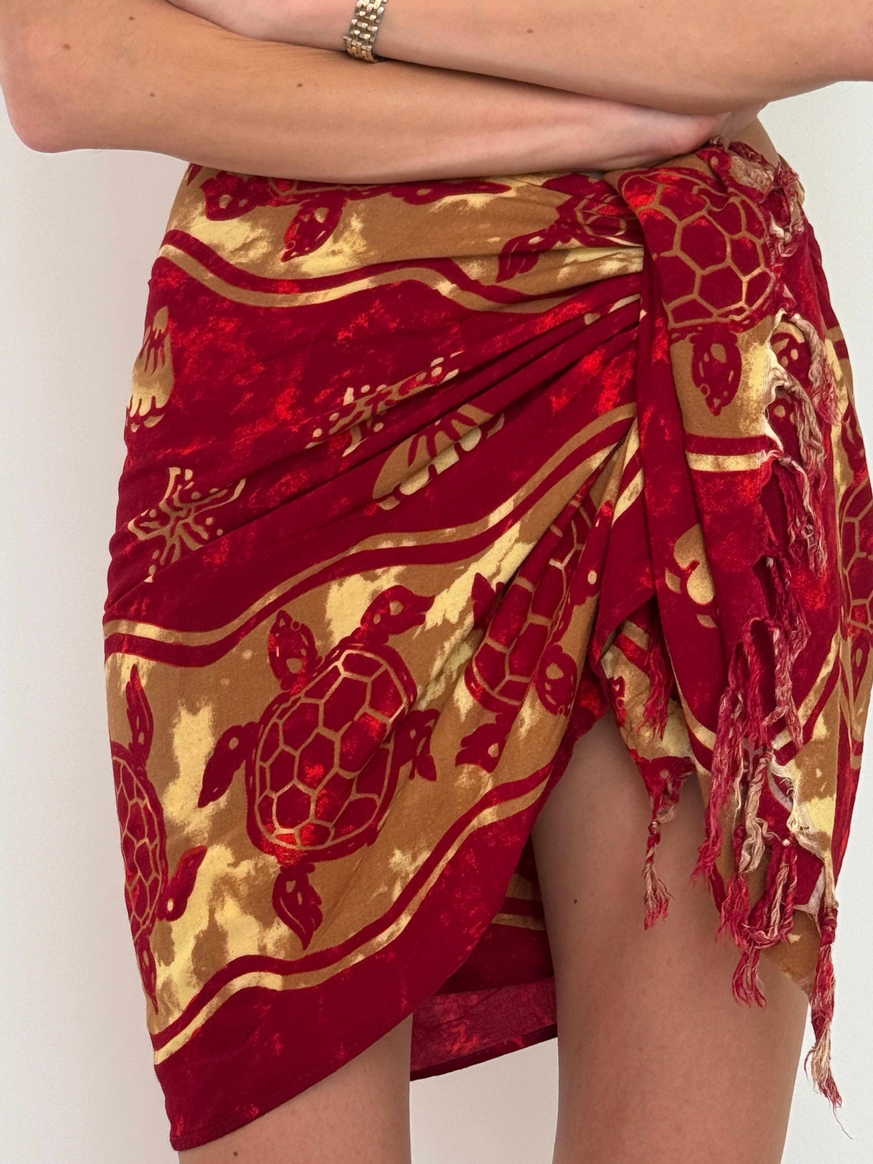 Vintage red turtle print wrap sarong front view