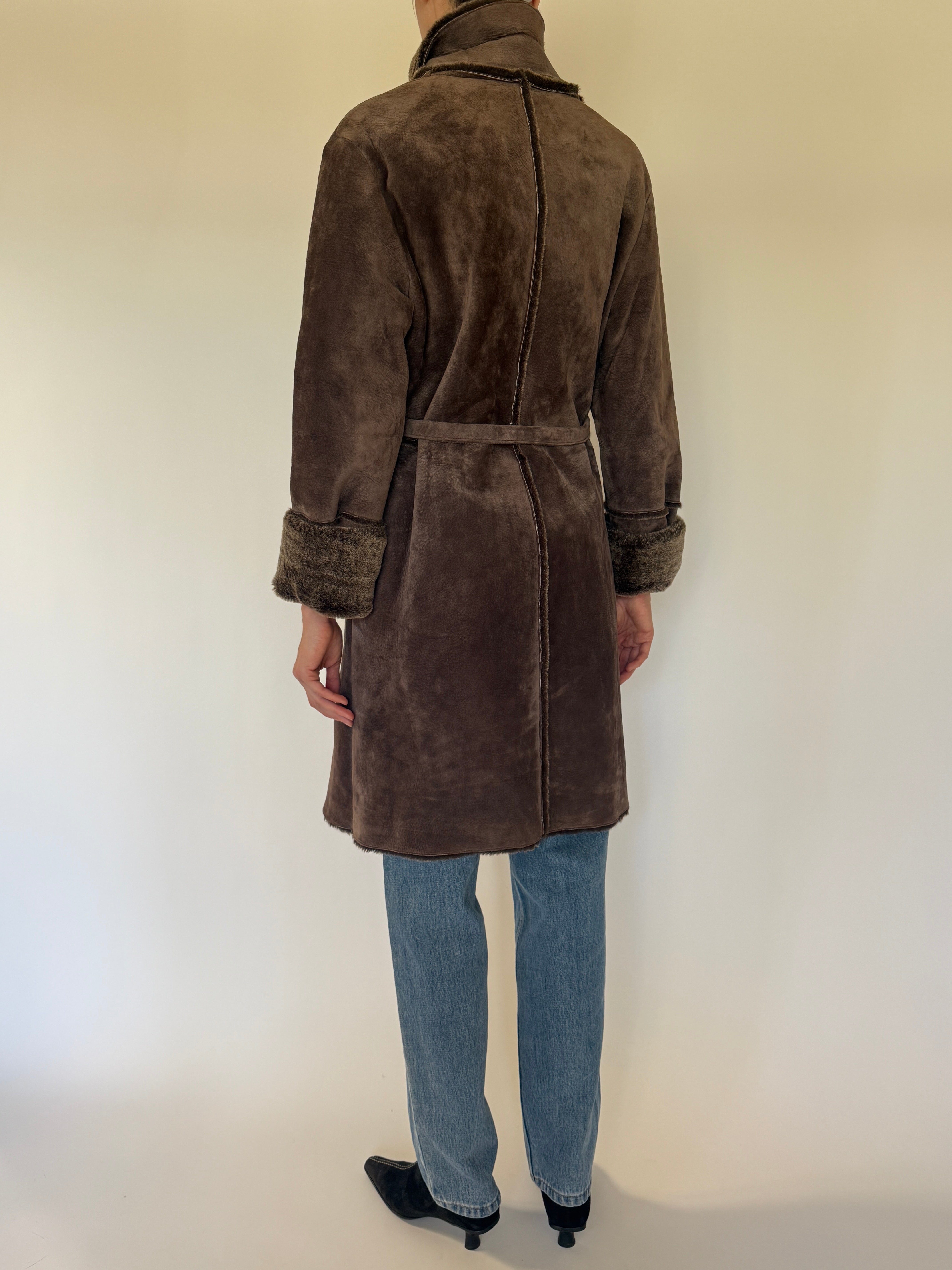 Vintage brown leather coat faux fur lining back view