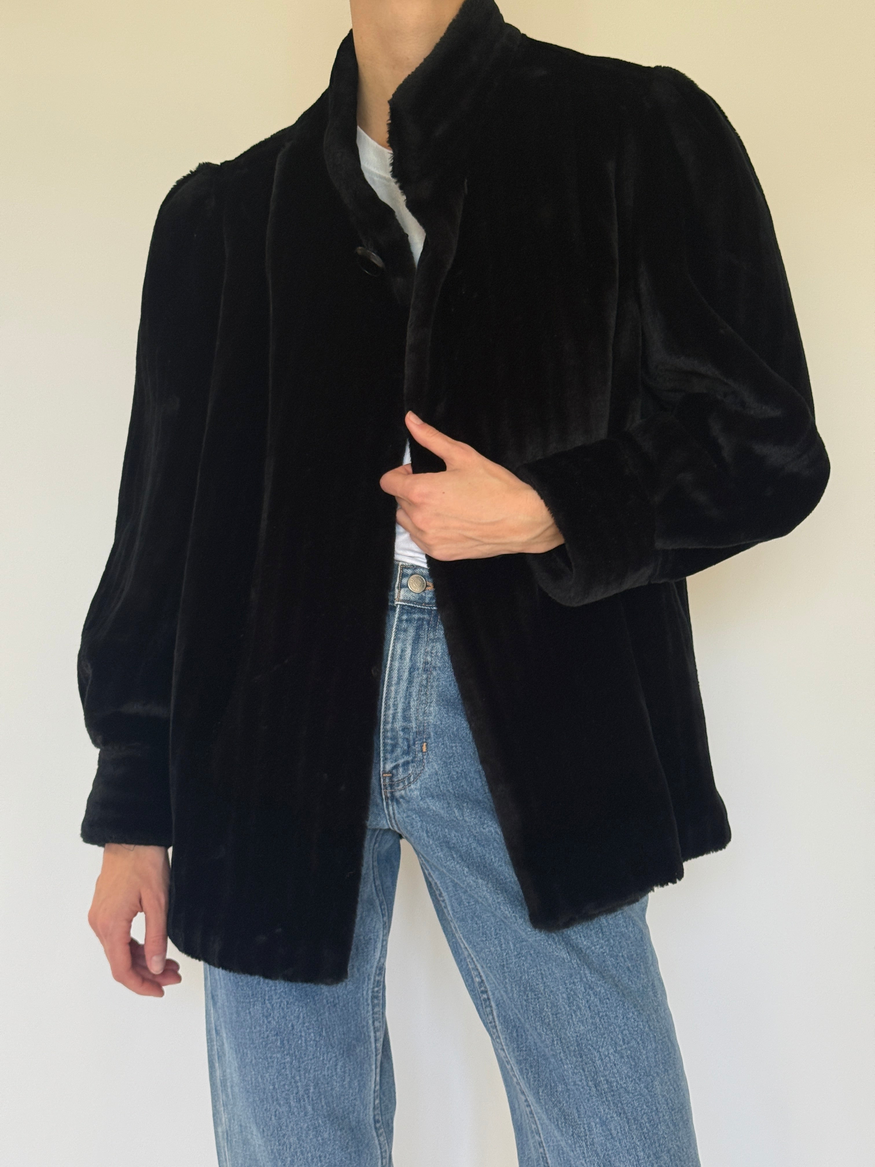 Vintage black faux fur coat button detail