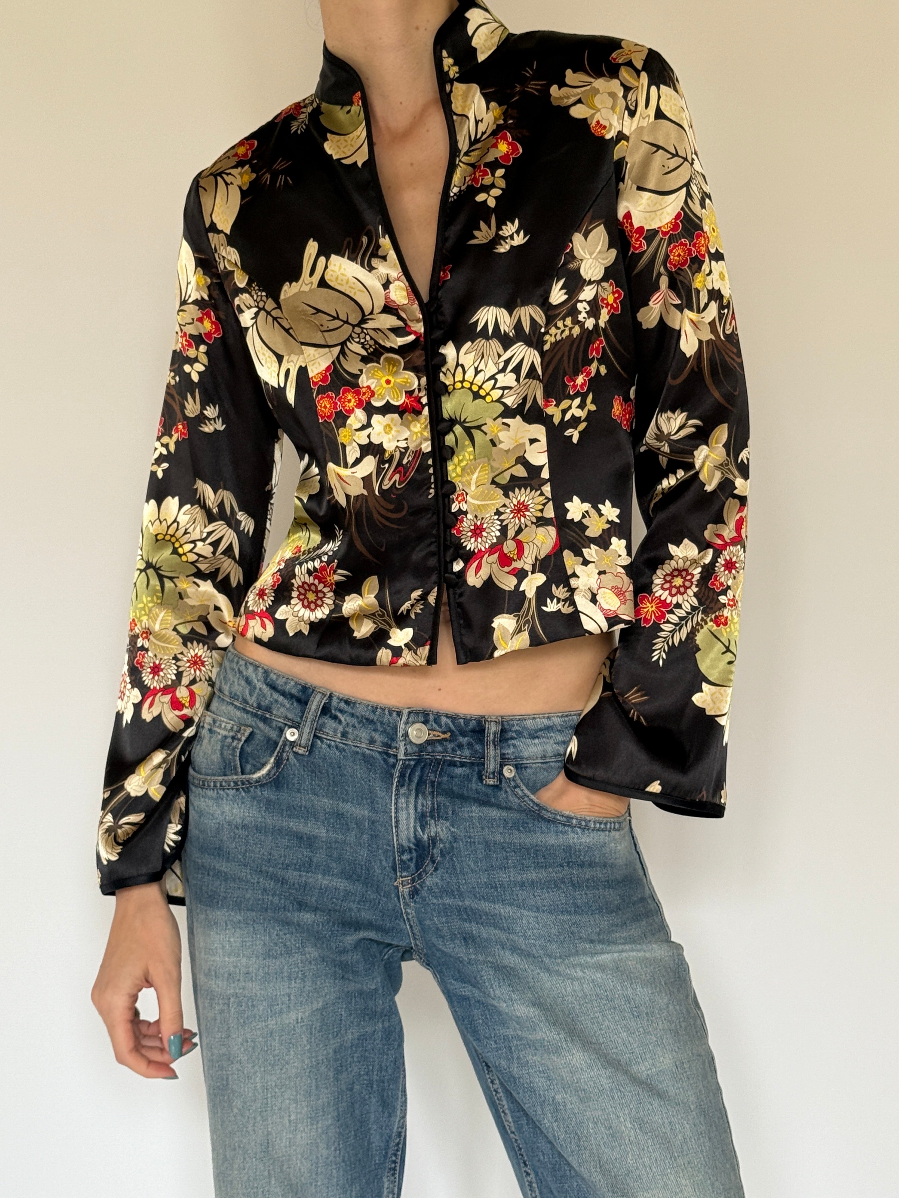 Vintage Chinese-inspired black floral satin jacket front view
