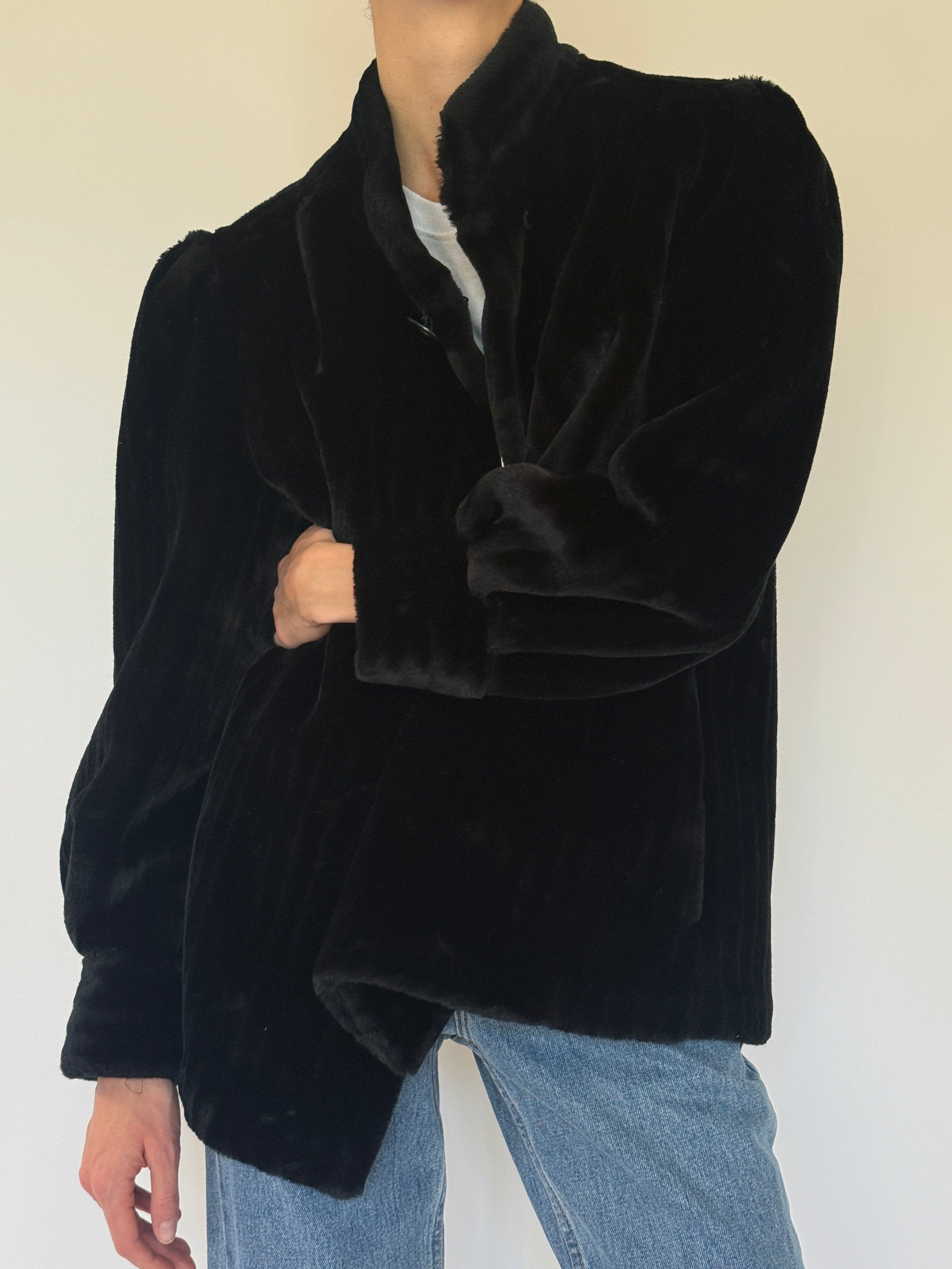 Vintage black faux fur coat front view