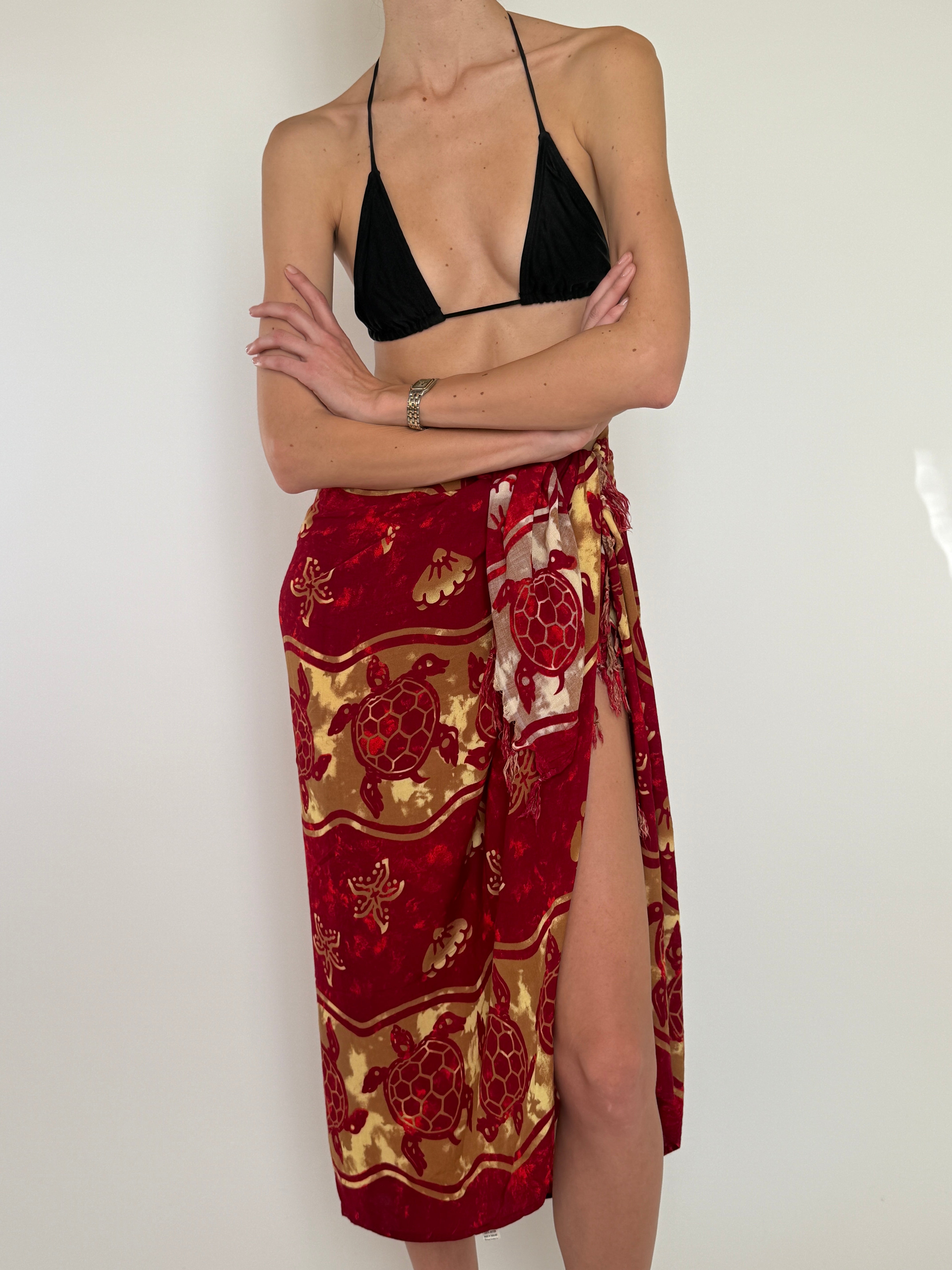 Vintage red turtle print wrap sarong tie detail
