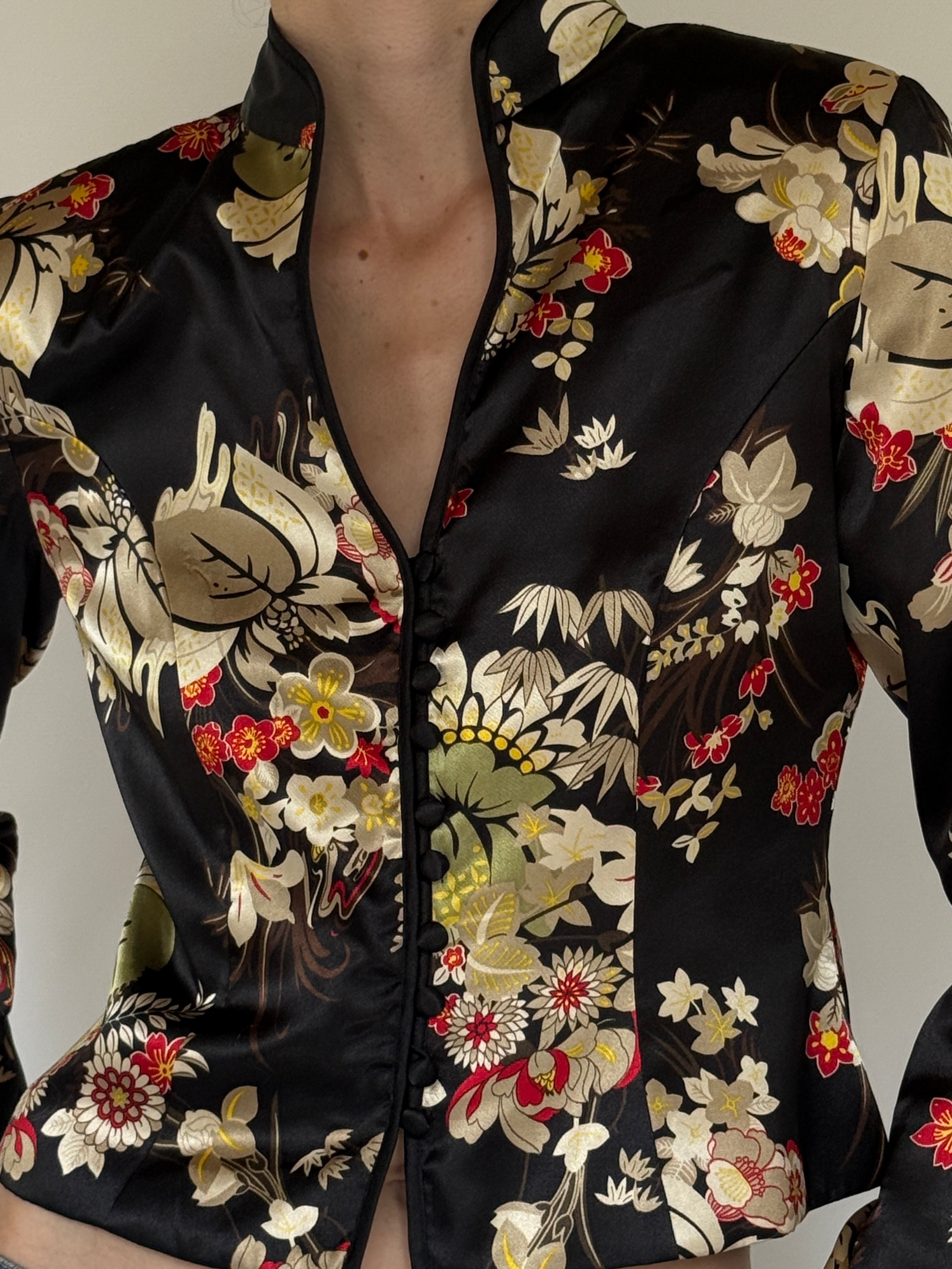 Vintage Chinese-inspired black floral satin jacket front view