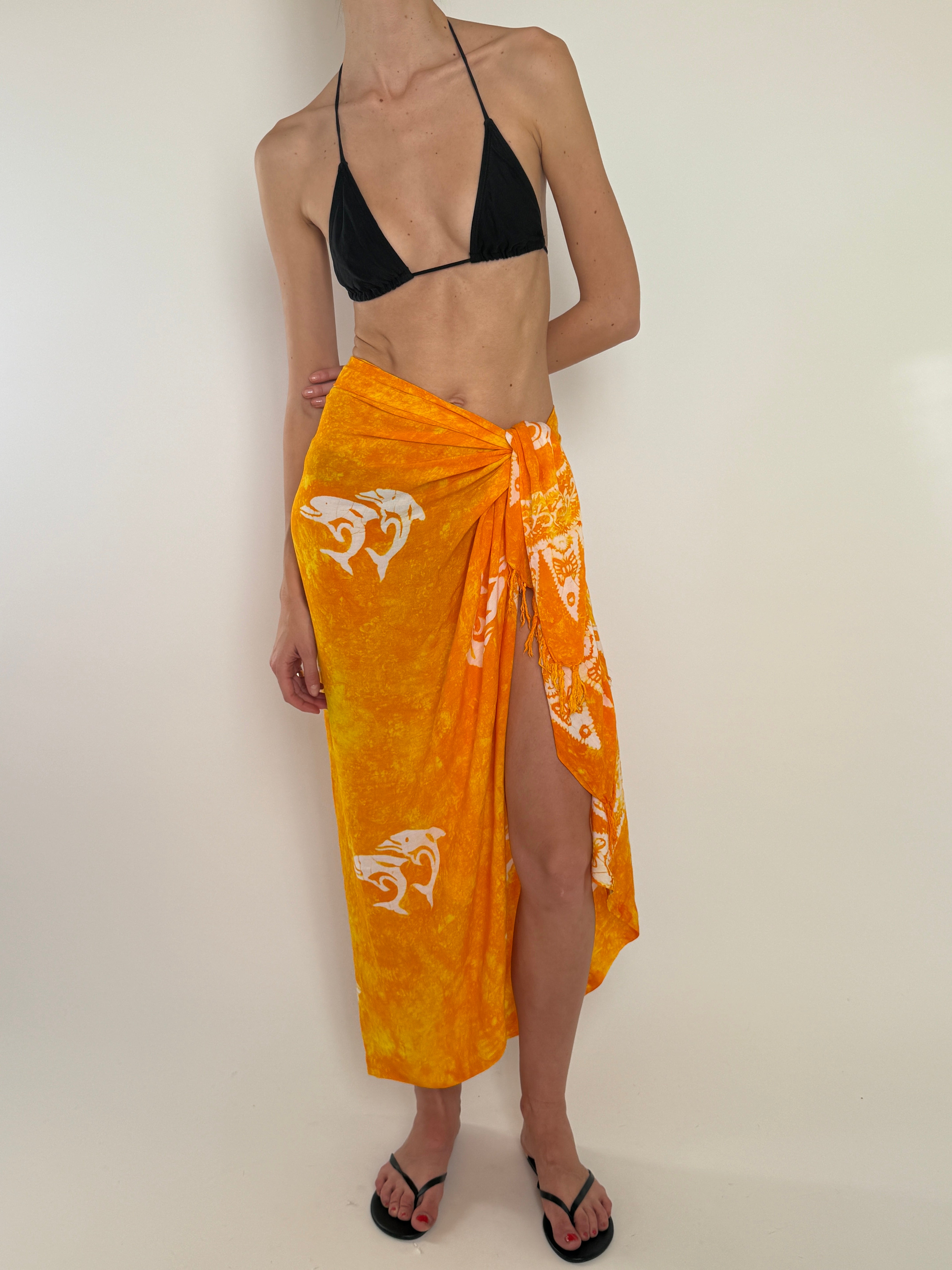 Vintage orange dolphin print wrap sarong fringe edge detail