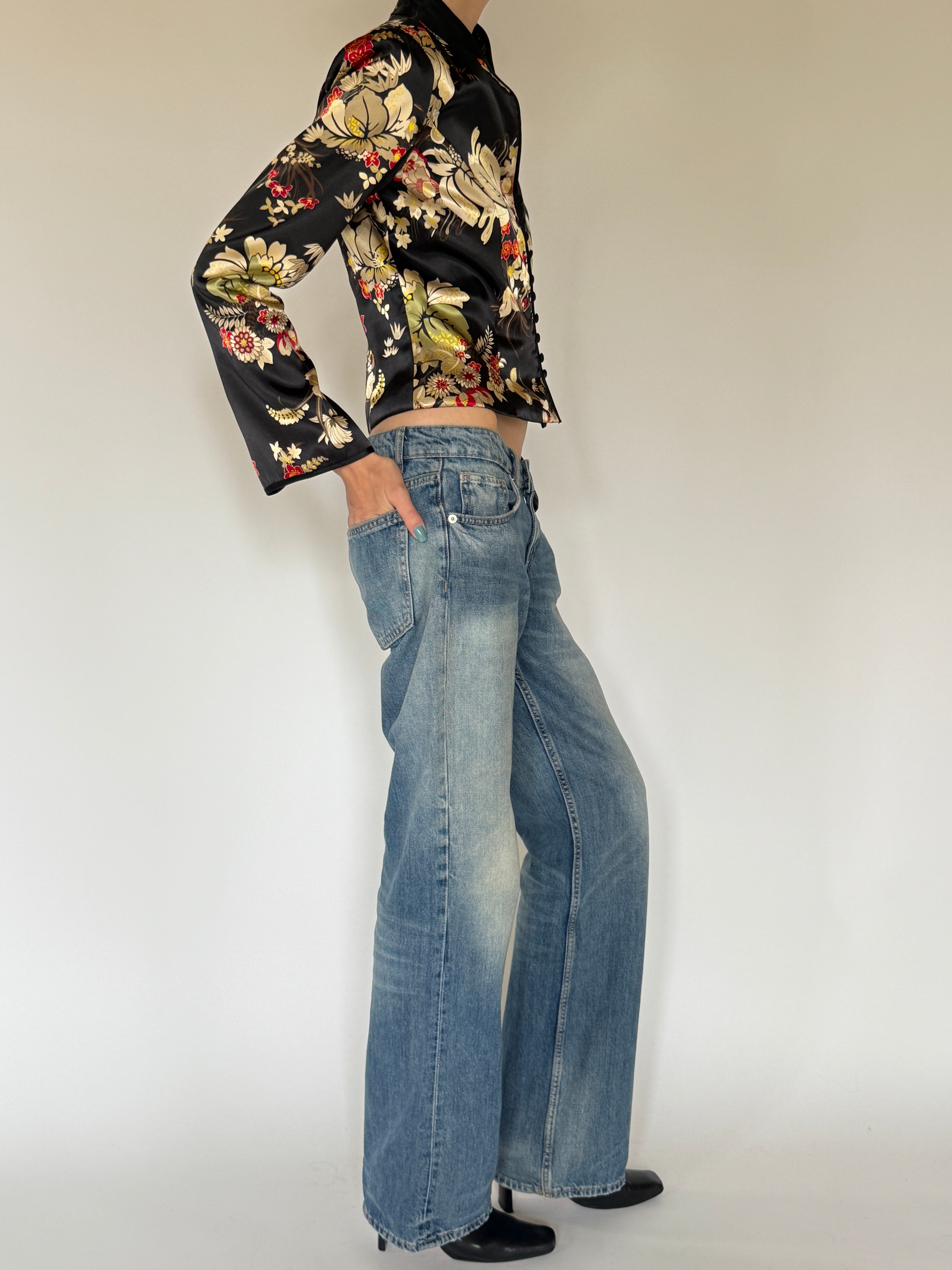Vintage black floral satin jacket side view