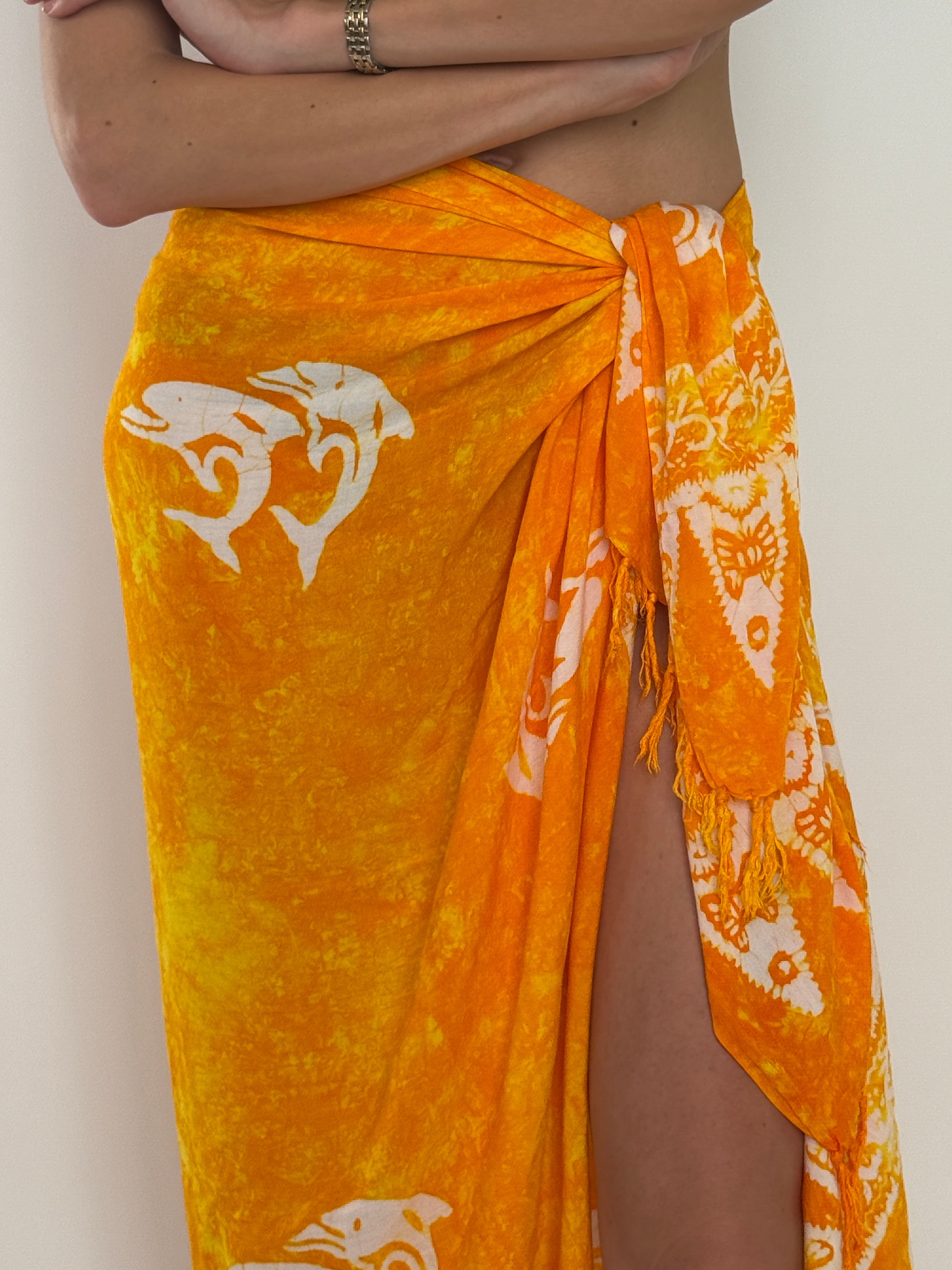 Vintage orange dolphin print wrap sarong side tie detail