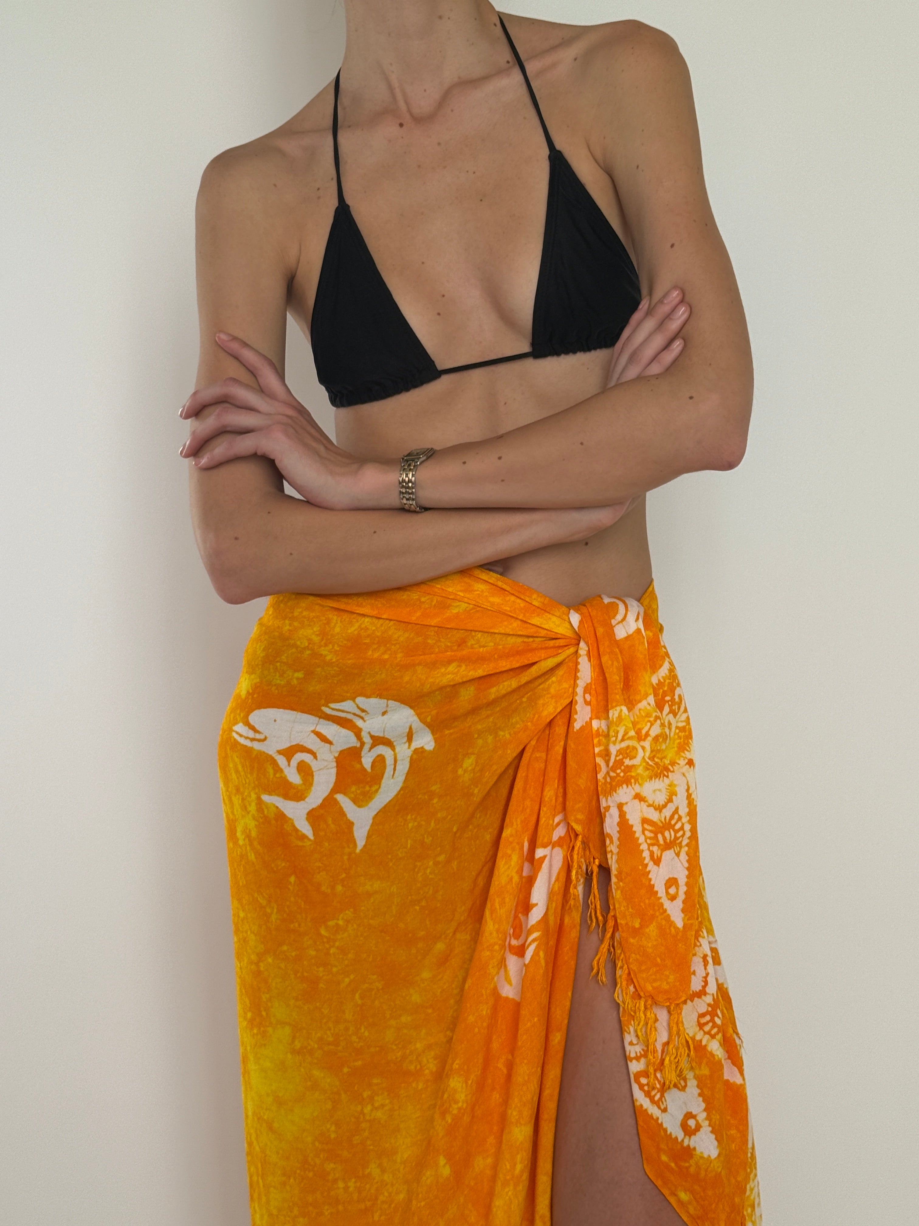 Vintage orange dolphin print wrap sarong side tie detail