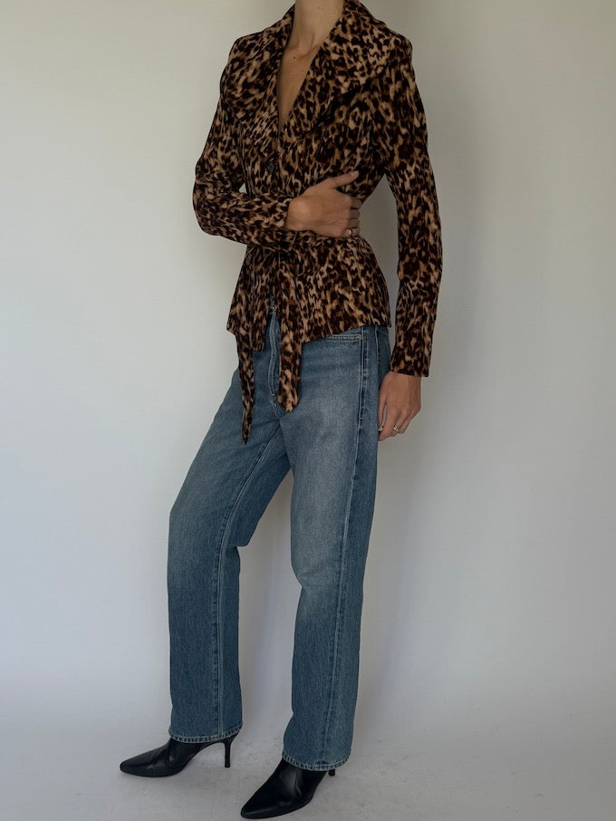 Vintage Leopard Print Belted Blazer Brown 6627