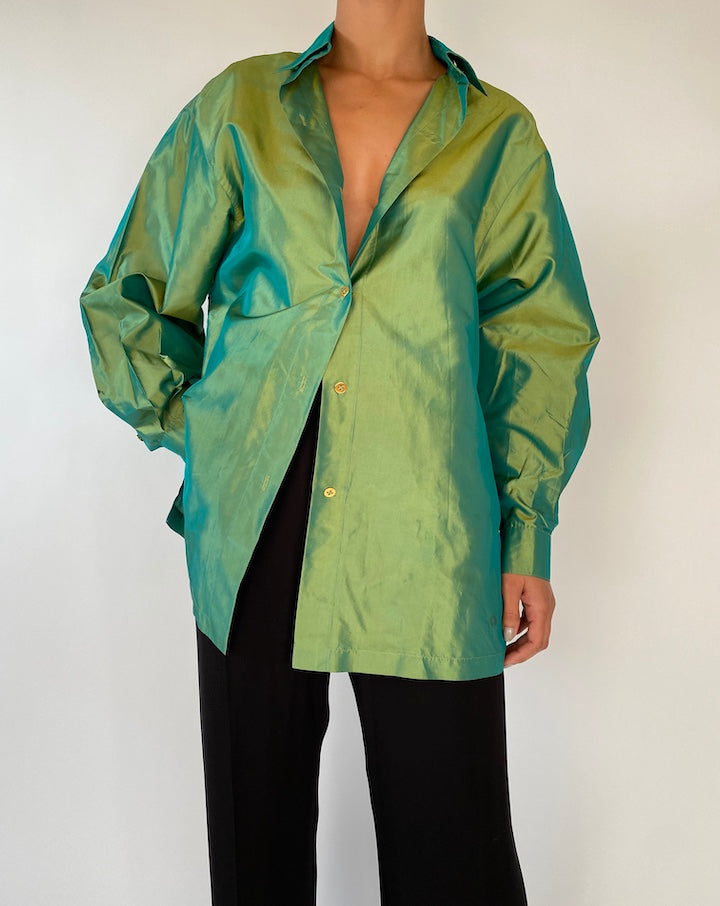 VINTAGE GREEN SHIMMERY BUTTON DOWN BLOUSE/SHIRT 2331