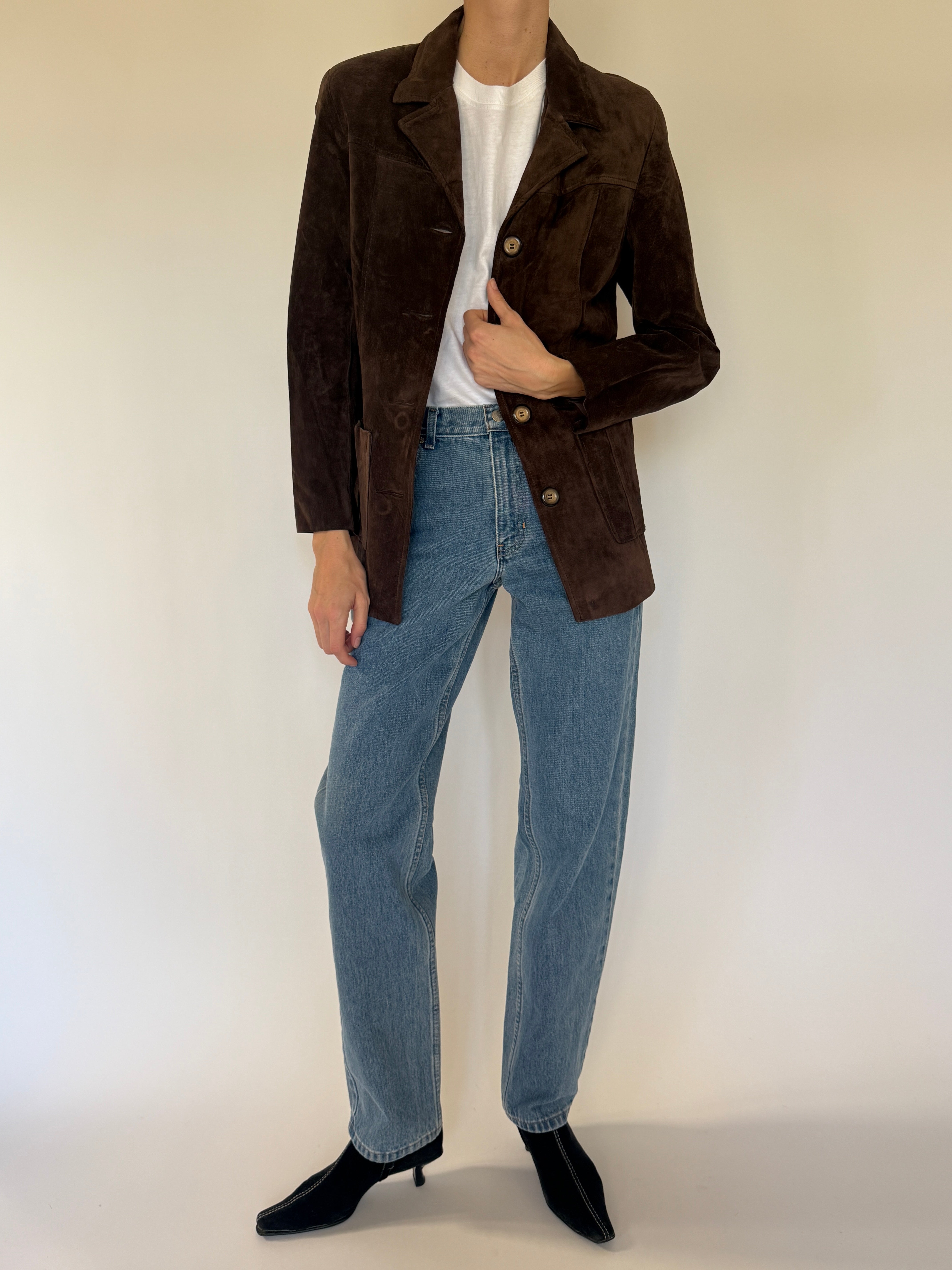Vintage brown suede button jacket front view with patch pockets