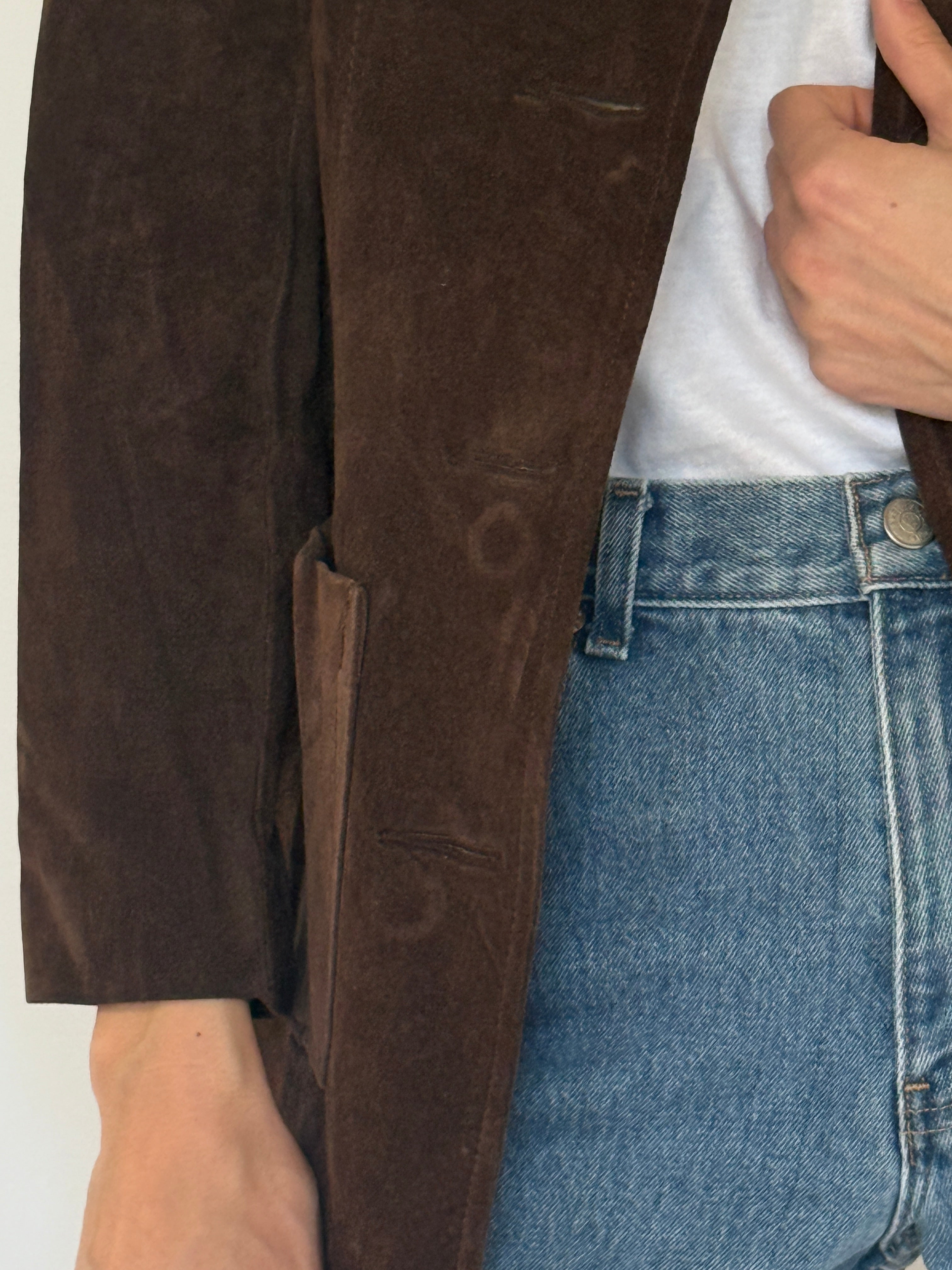 Vintage brown suede jacket patch pocket detail