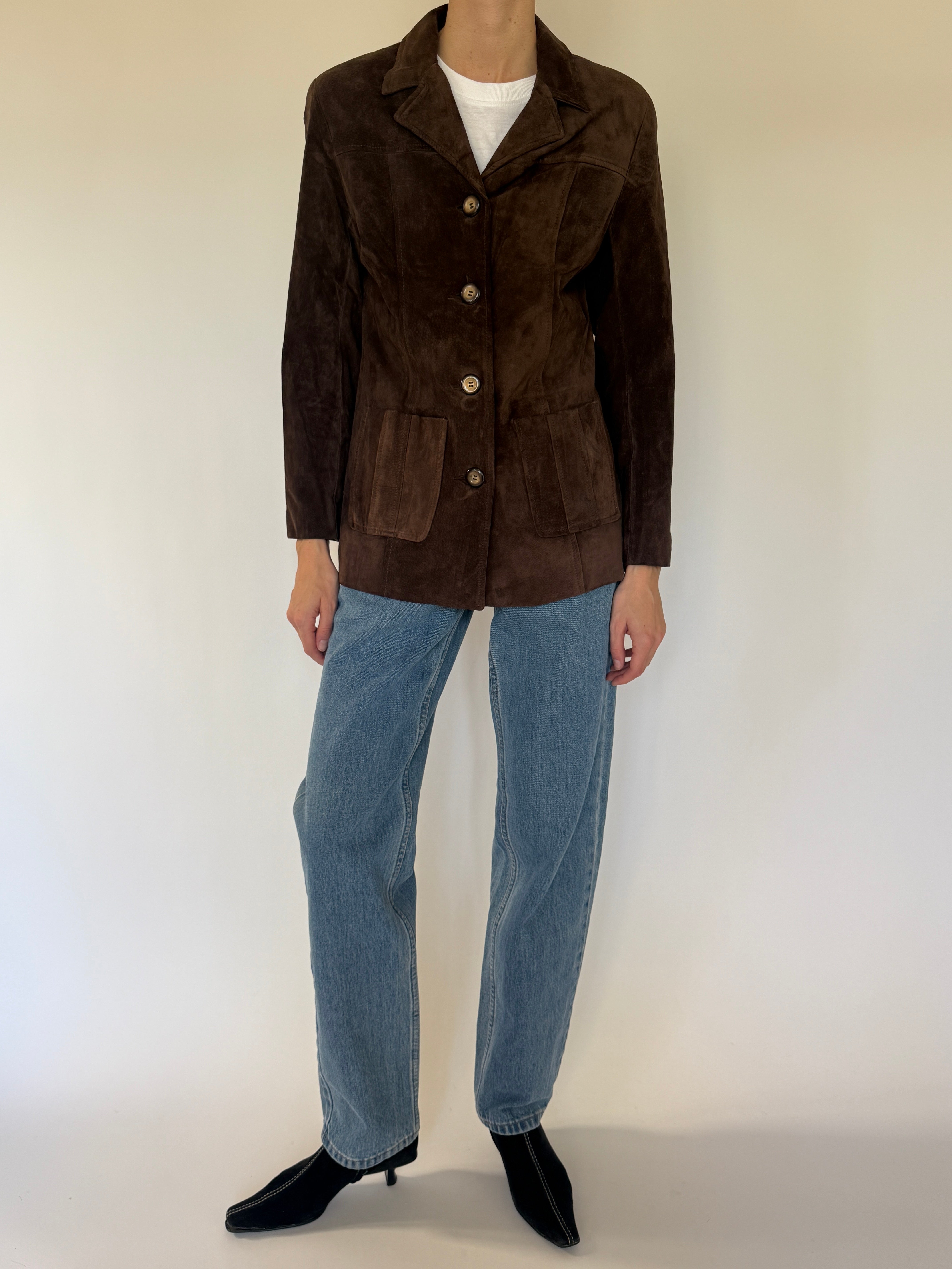 Vintage brown suede jacket side view relaxed tailored silhouette