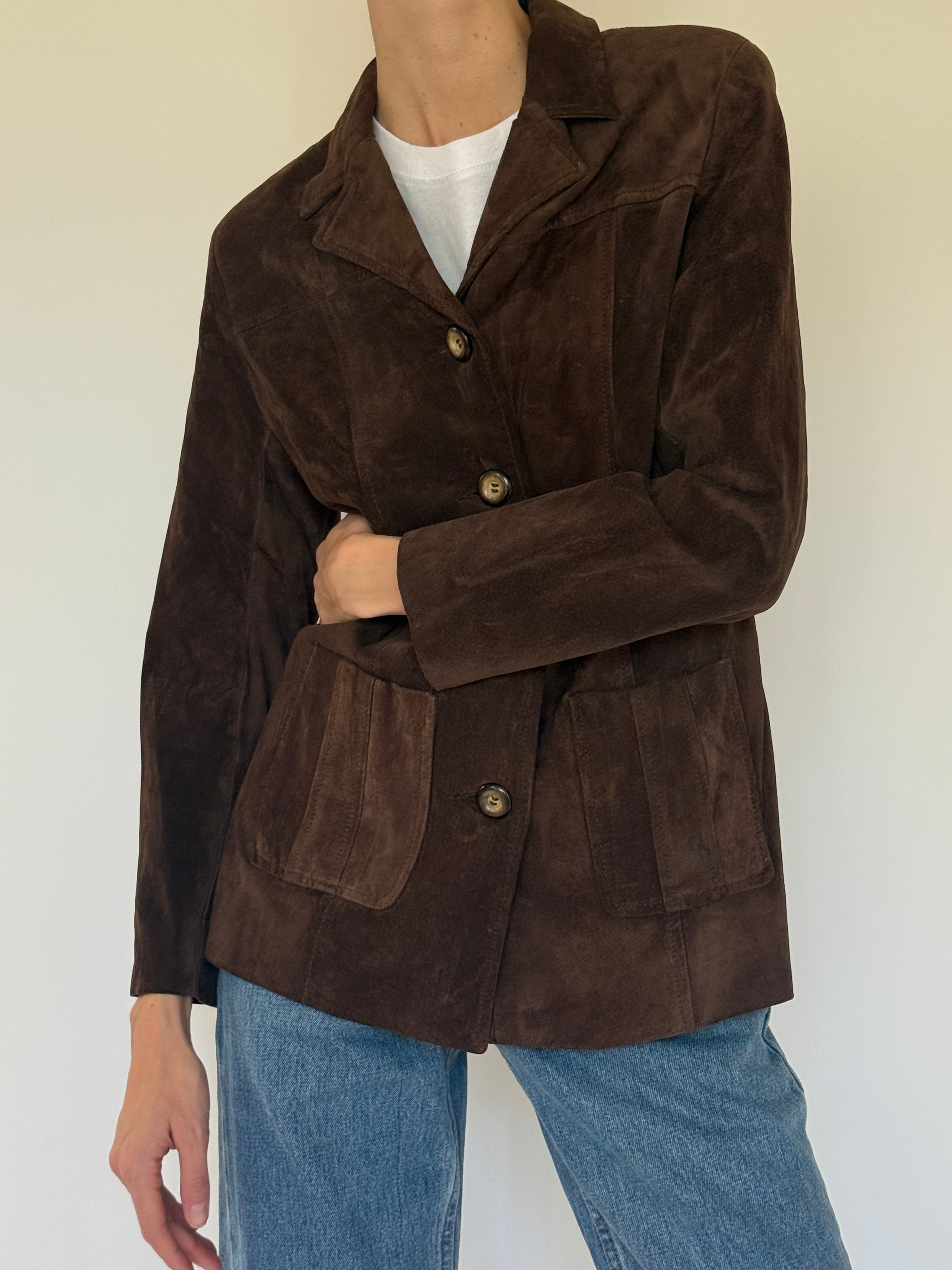 Vintage brown suede jacket back view tailored silhouette