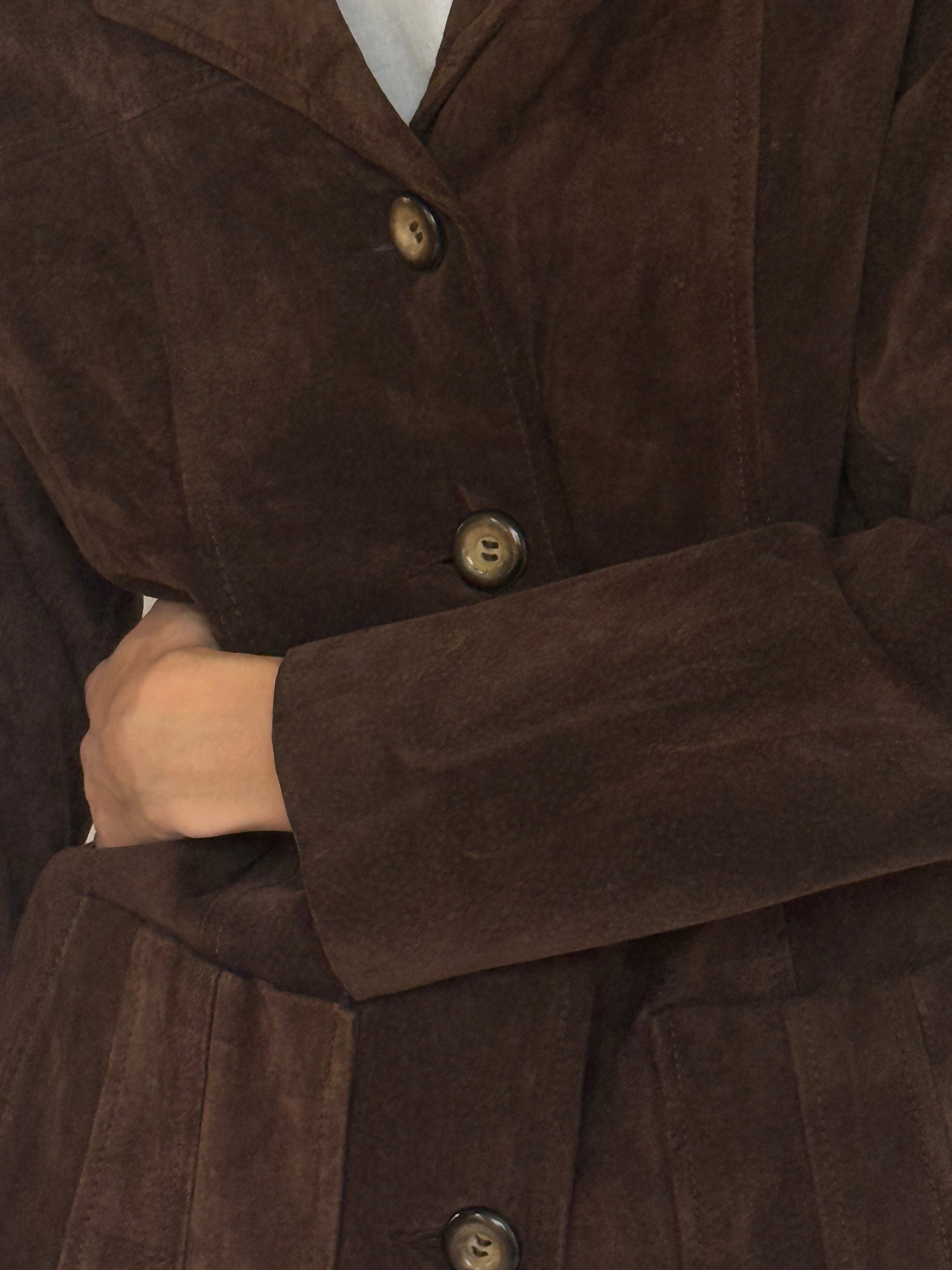 Vintage brown suede jacket button detail close-up