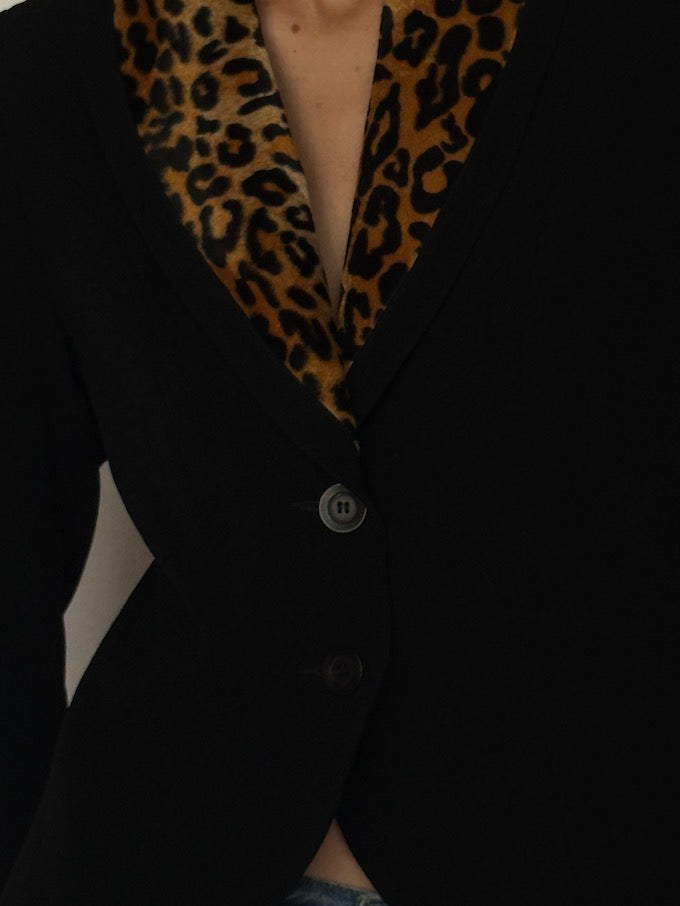 Vintage Black Blazer with Leopard Trim 6628