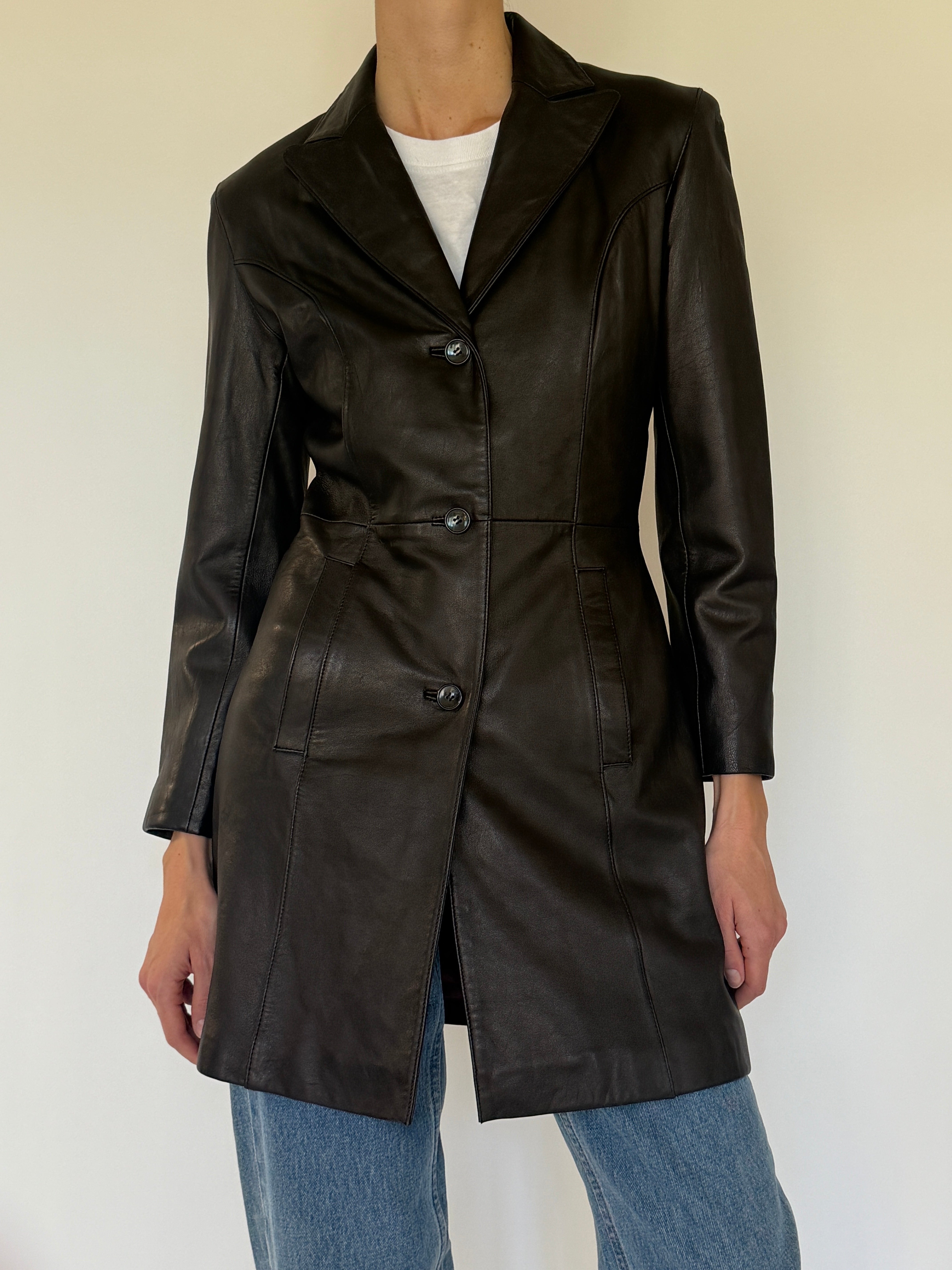 Vintage dark brown leather jacket button detail