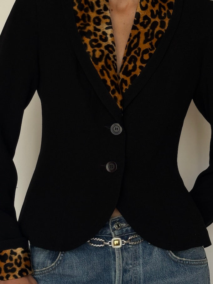 Vintage Black Blazer with Leopard Trim 6628