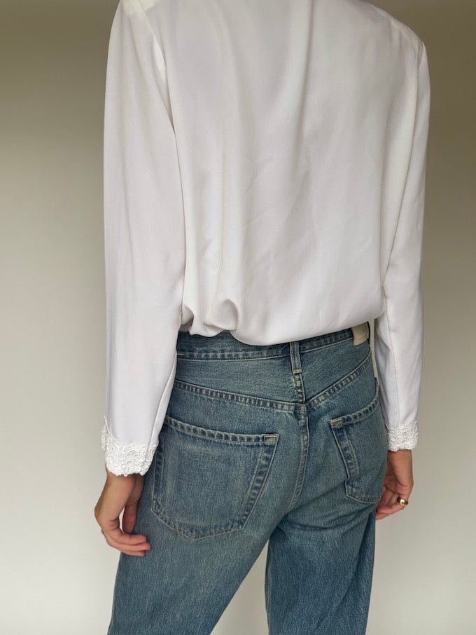 Vintage White Lace-Trim Blouse 6441