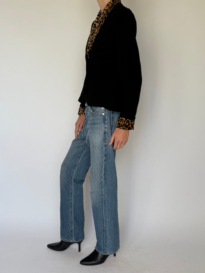 Vintage Black Blazer with Leopard Trim 6628