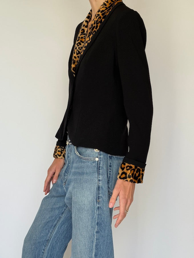Vintage Black Blazer with Leopard Trim 6628