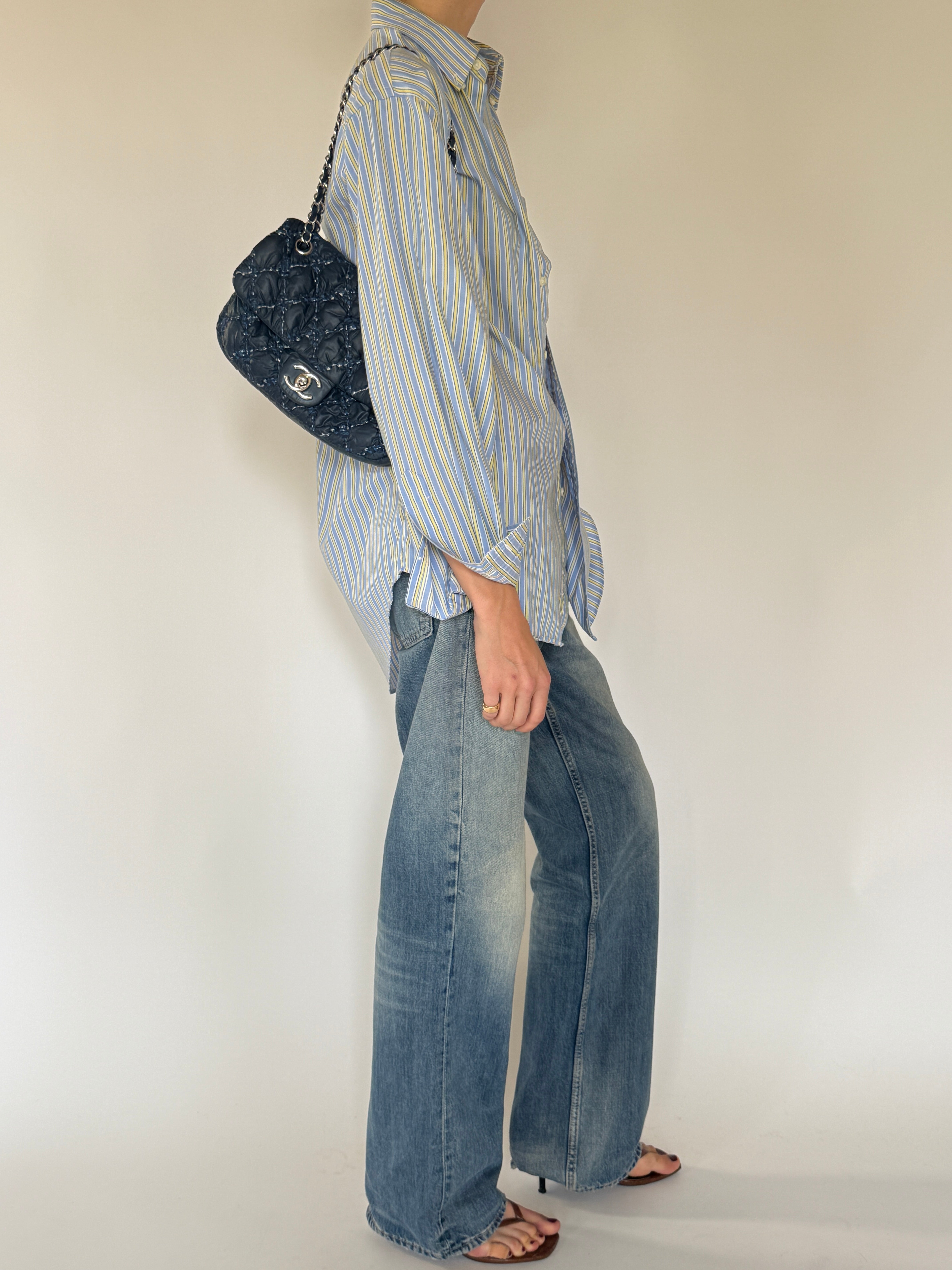 Vintage oversized blue and yellow striped shirt side view