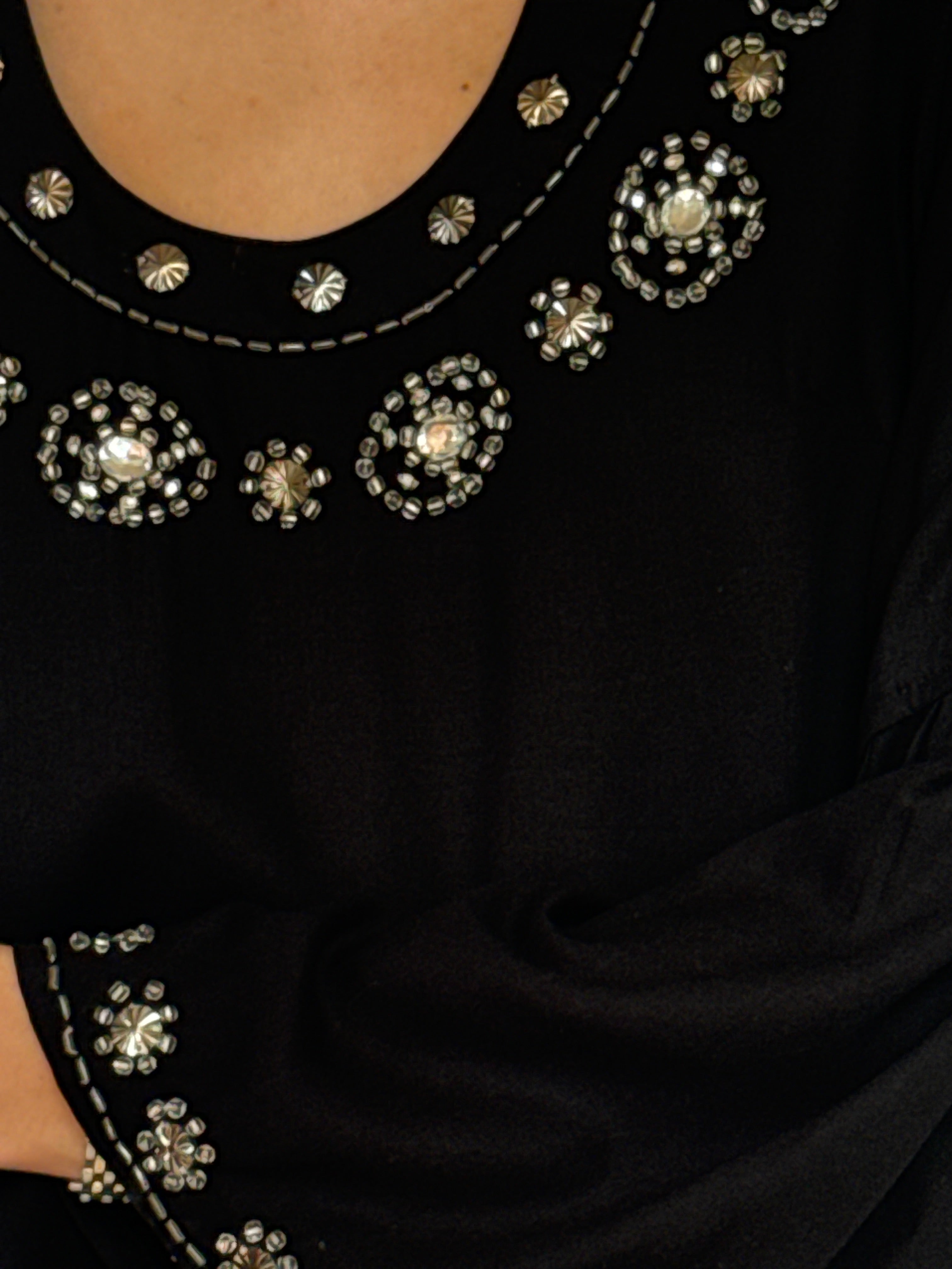 Vintage black long sleeve tunic dress with embellished cuffs and hem
