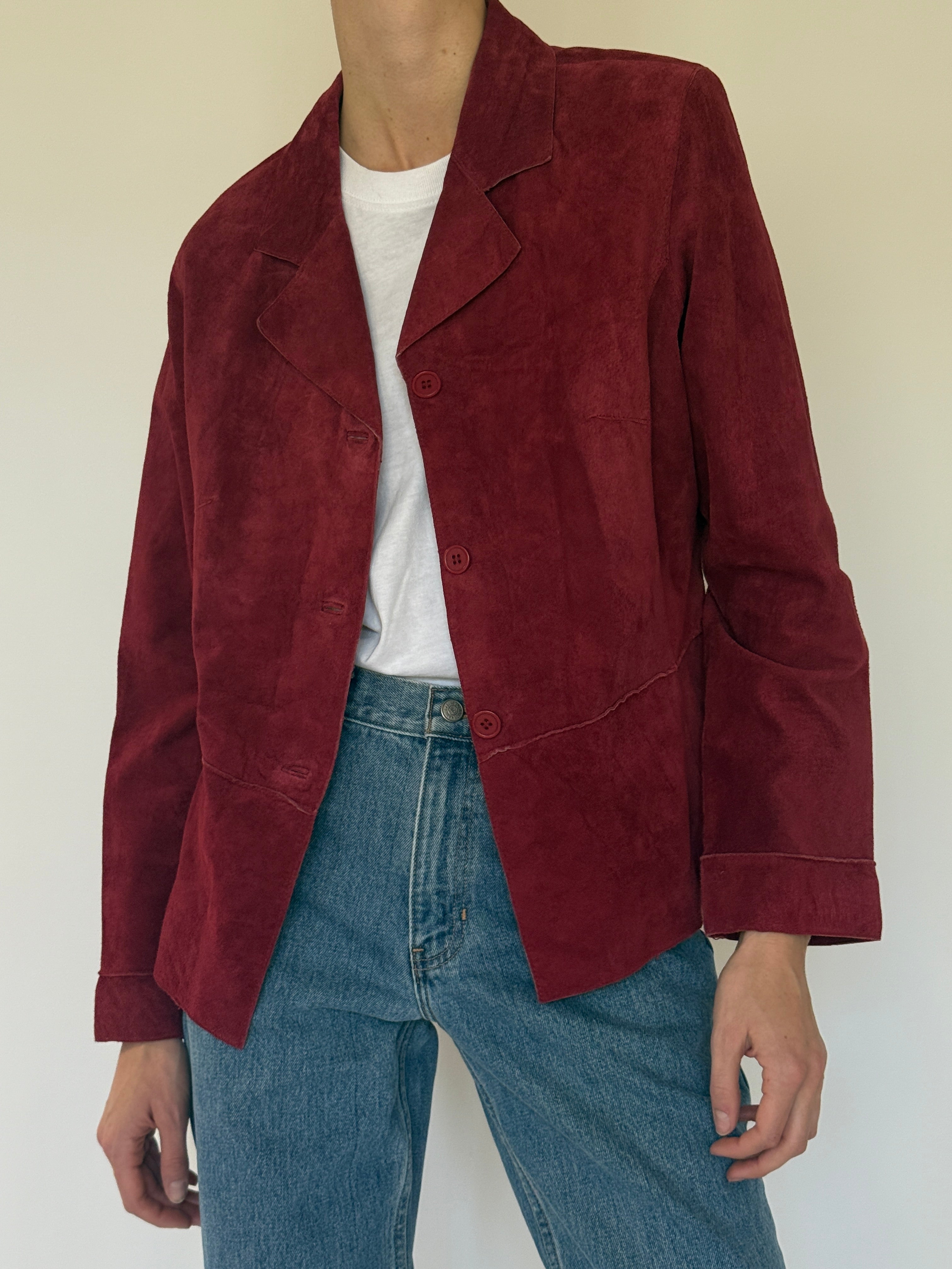 Vintage red suede leather jacket button detail