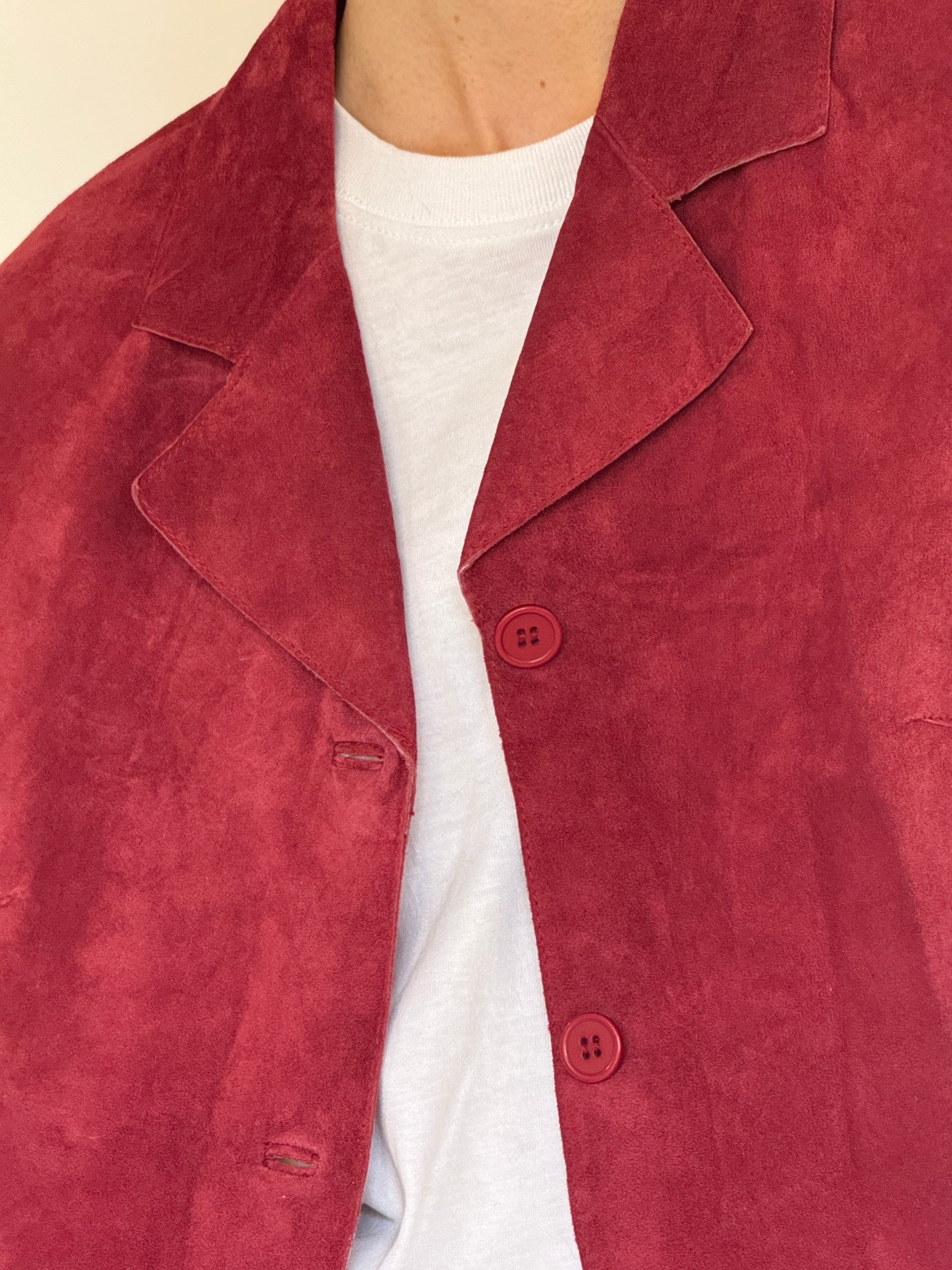 Vintage red suede leather jacket lapel detail