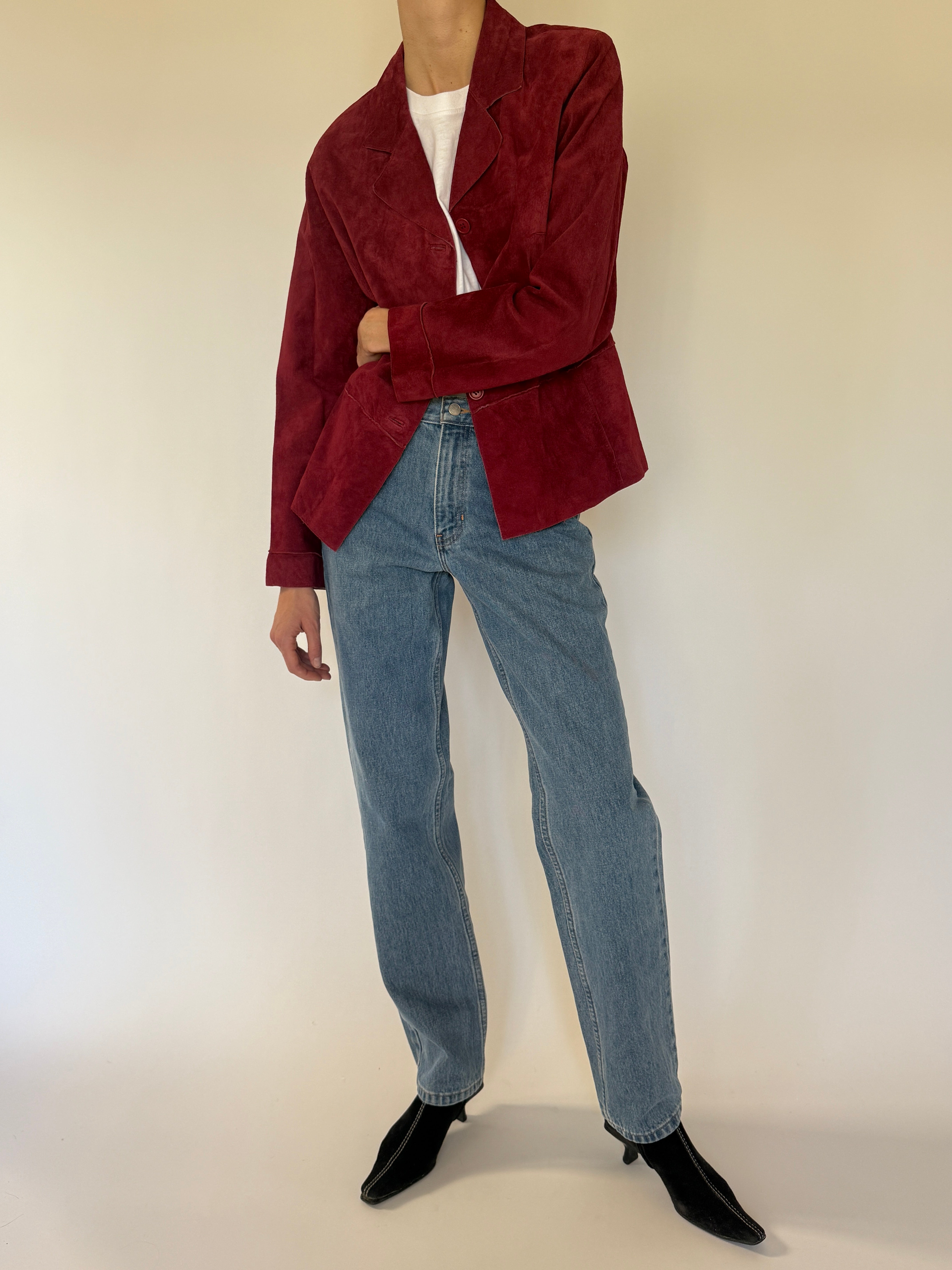 Vintage red suede leather jacket front view