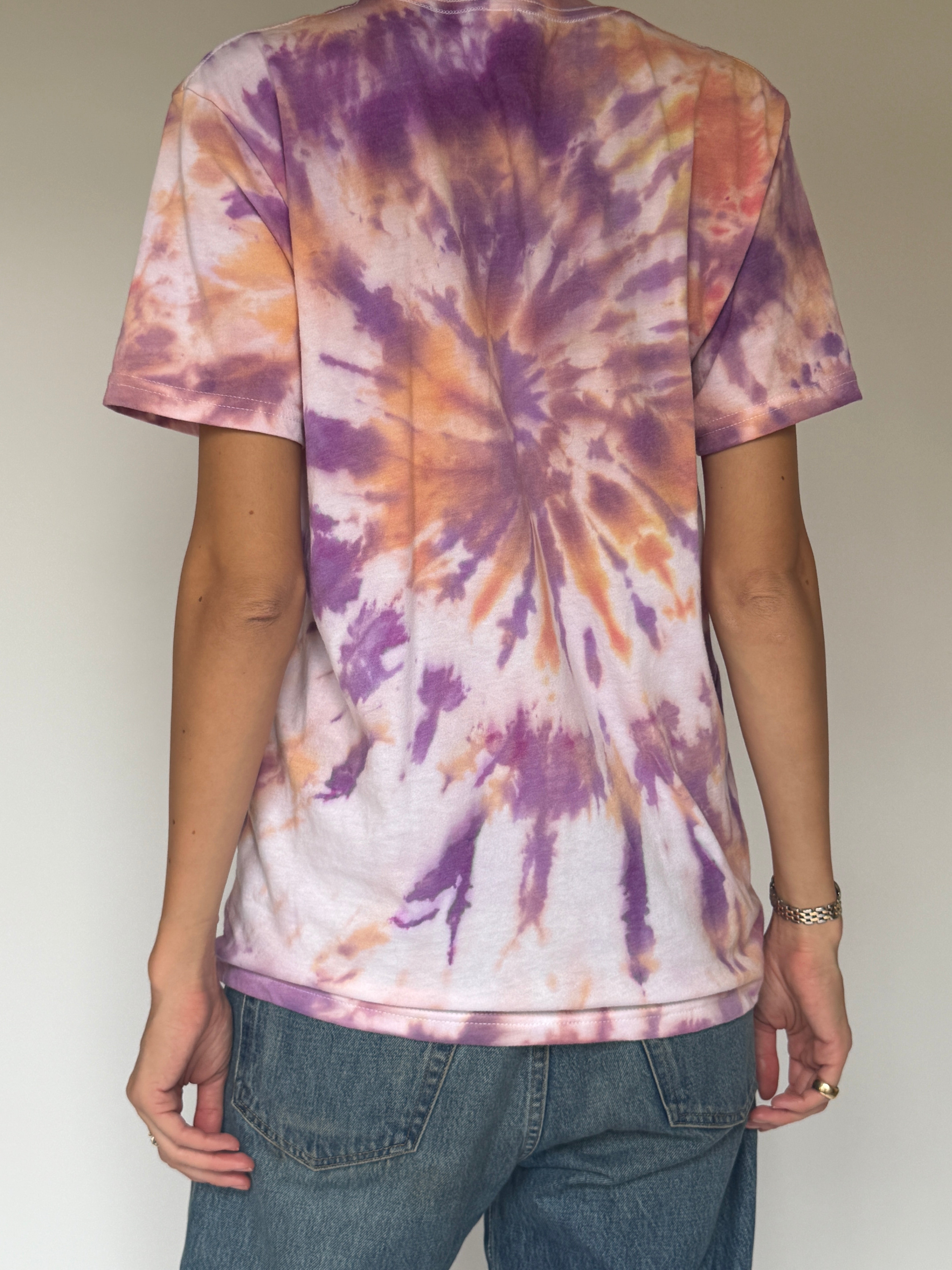 Vintage hand-dyed cotton tee with soft spiral tie-dye design back view