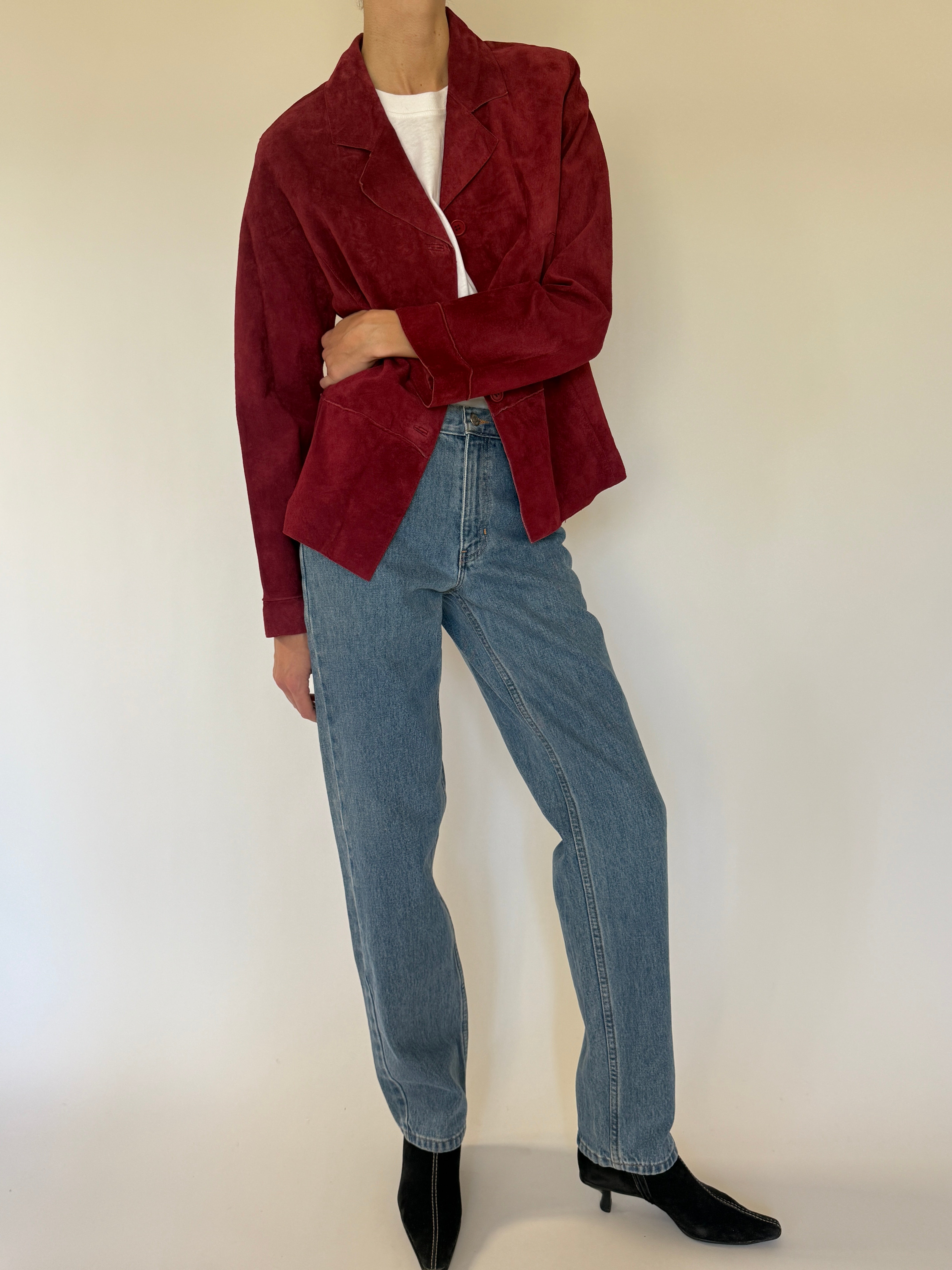 Vintage red suede leather jacket front view