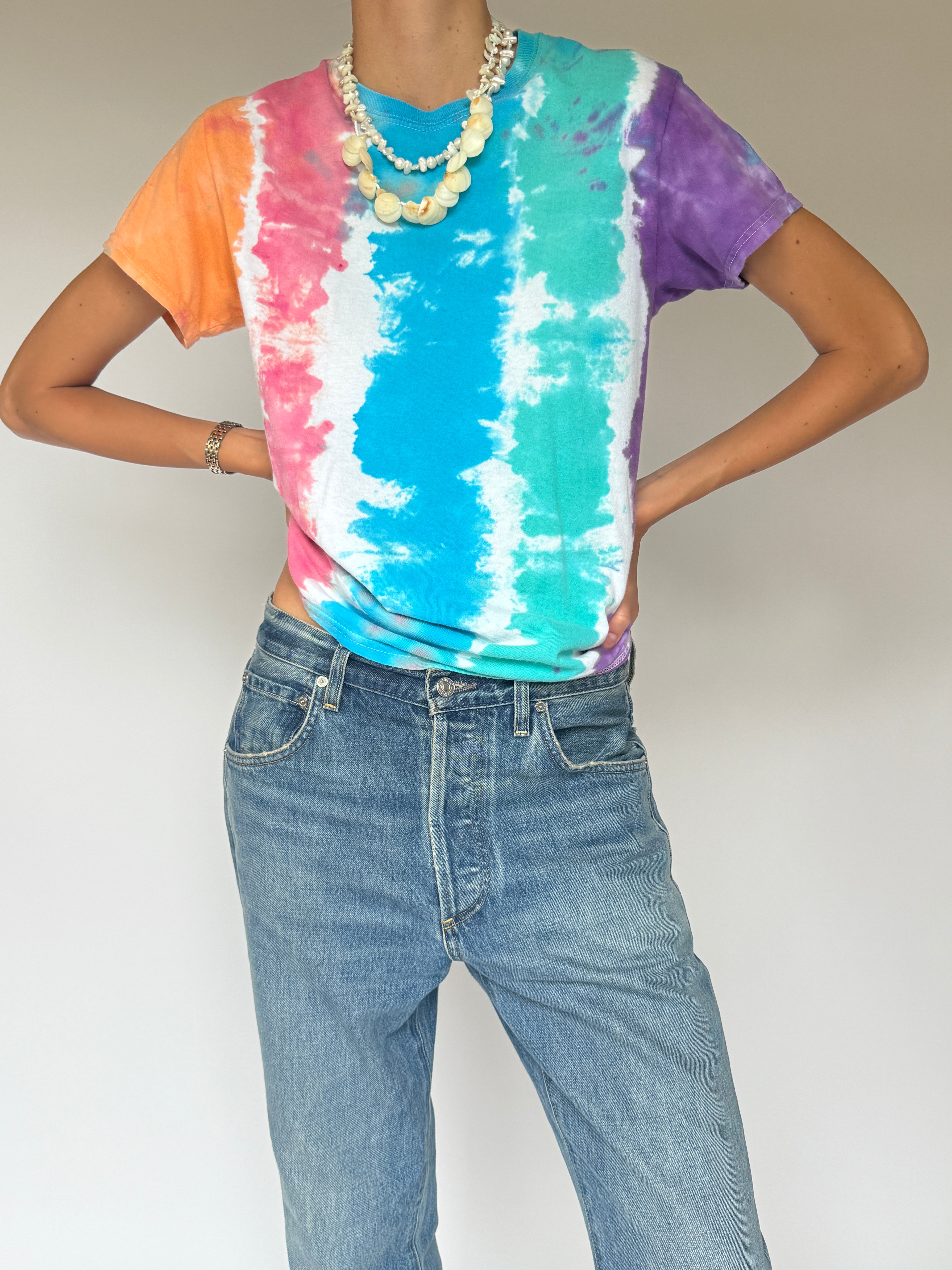 VINTAGE TIE-DYE T-SHIRT IN BLUE, PINK, GREEN & WHITE