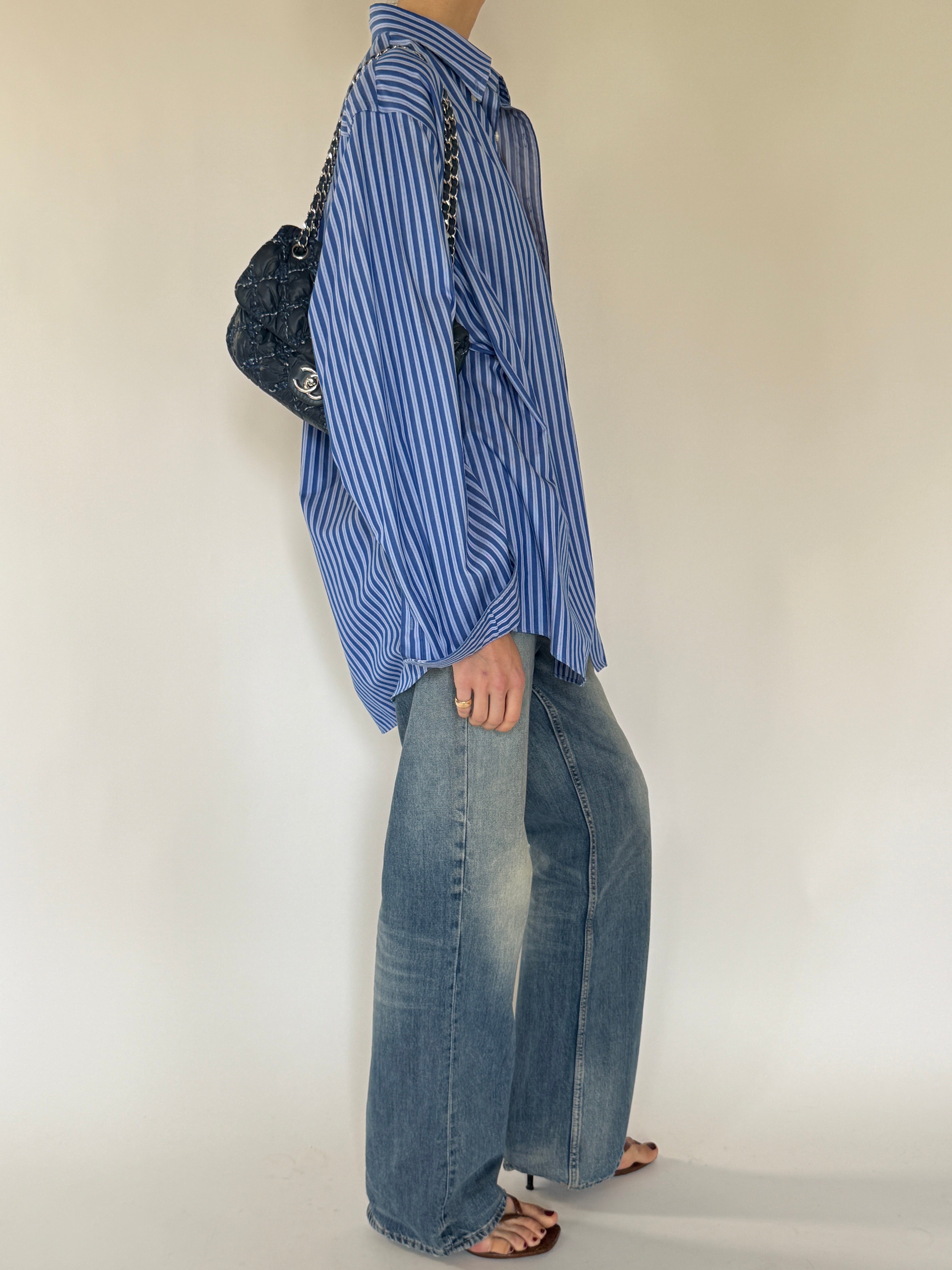 Vintage oversized blue striped button up shirt side view