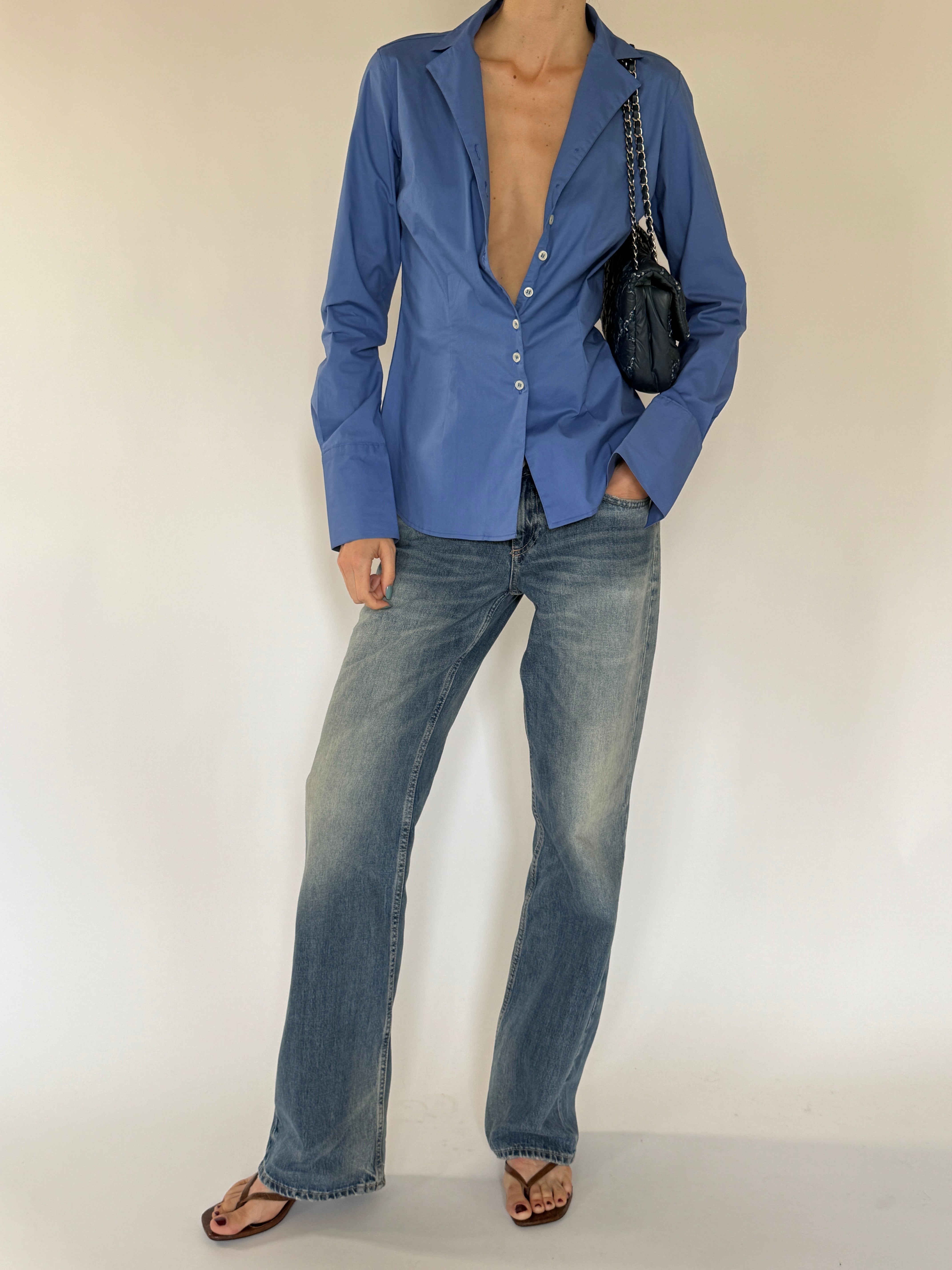 Vintage fitted blue button up shirt front view