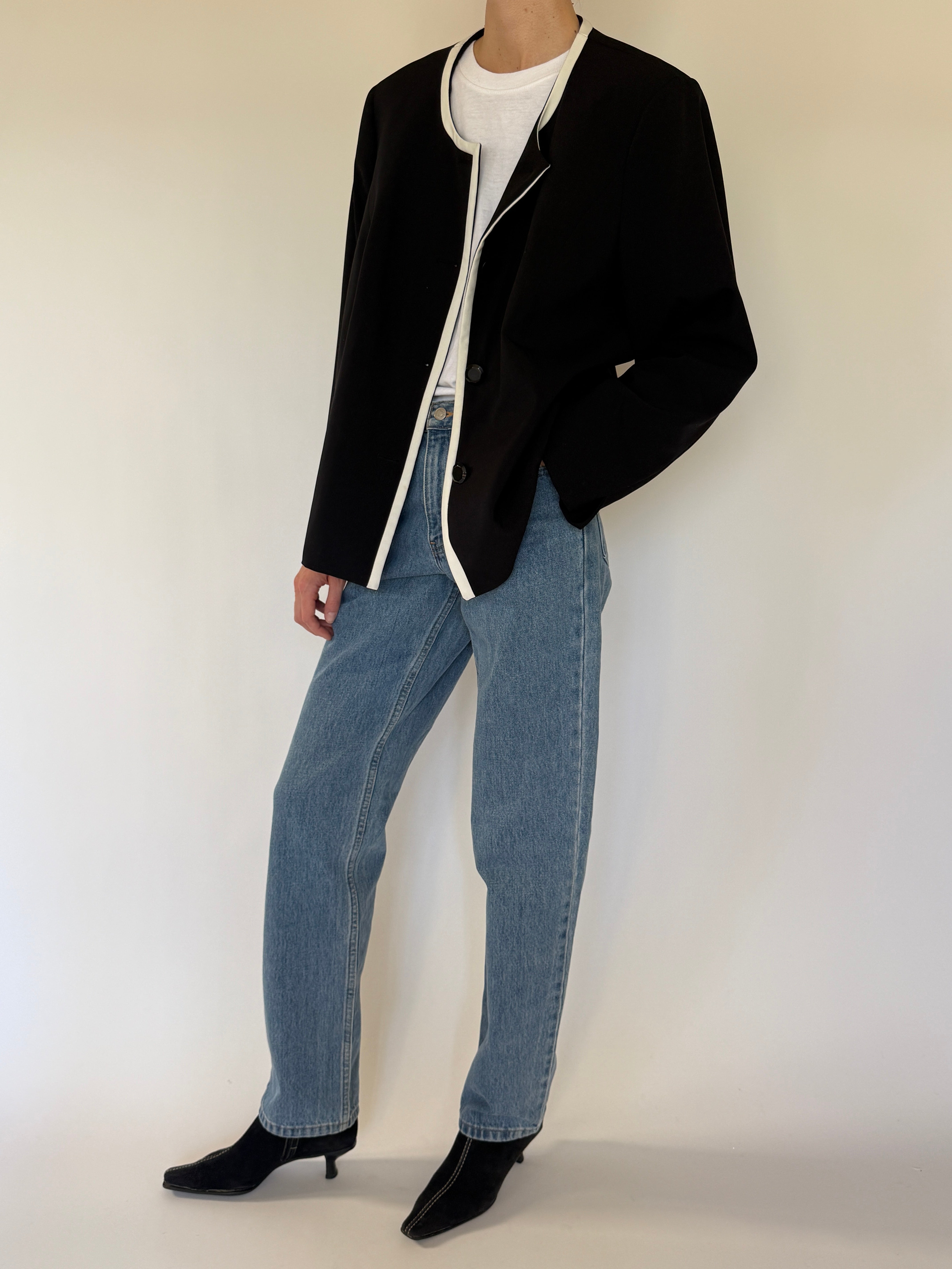 Vintage black contrast trim jacket angled front view