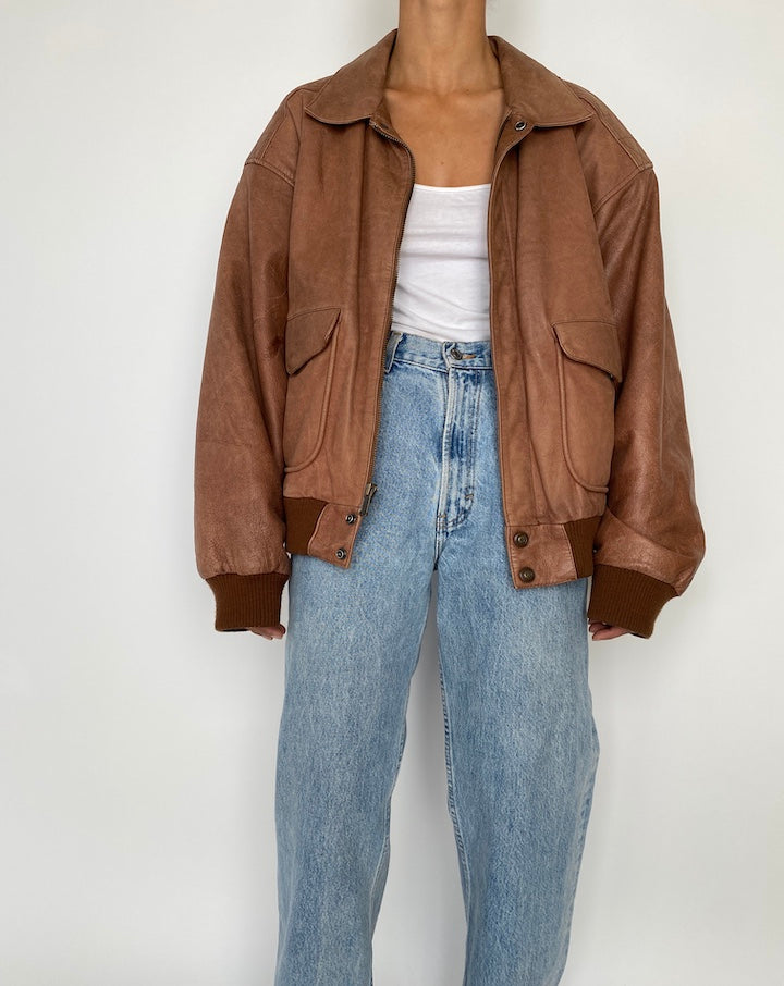 VINTAGE BROWN OVERSIZED LEATHER JACKET 2845