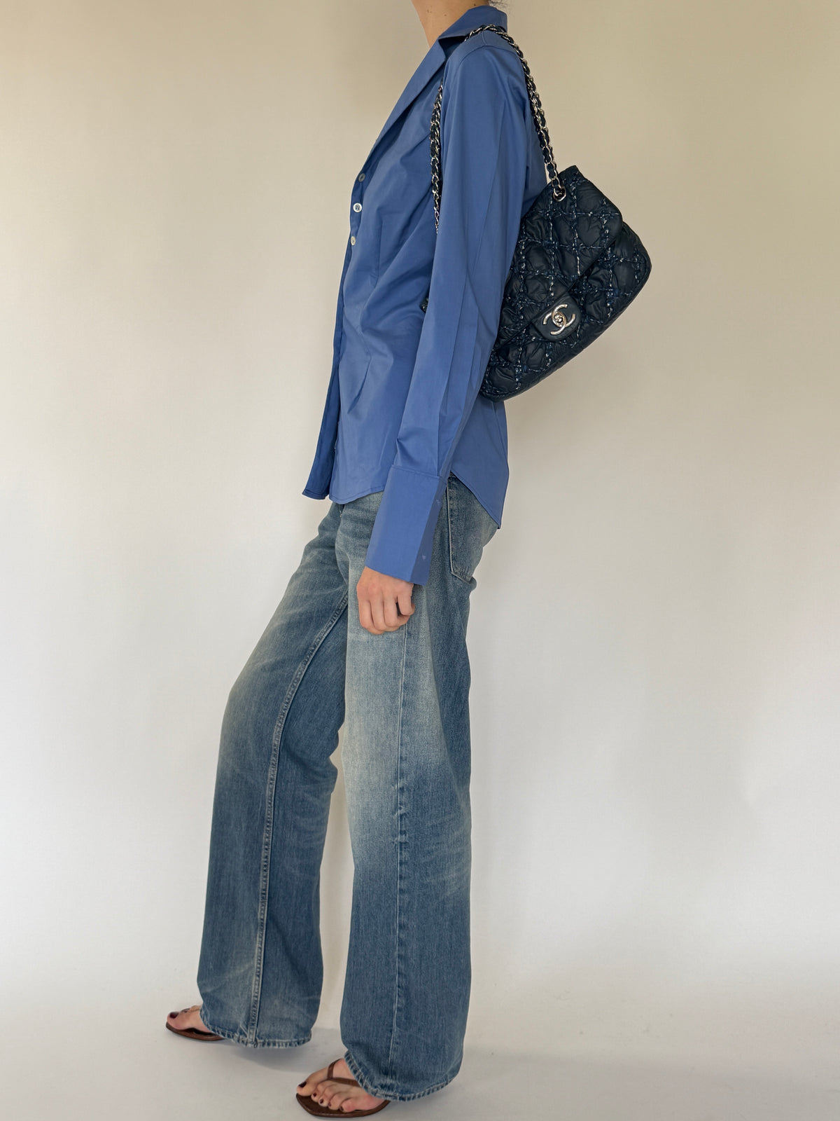 Vintage fitted blue button up shirt side angle