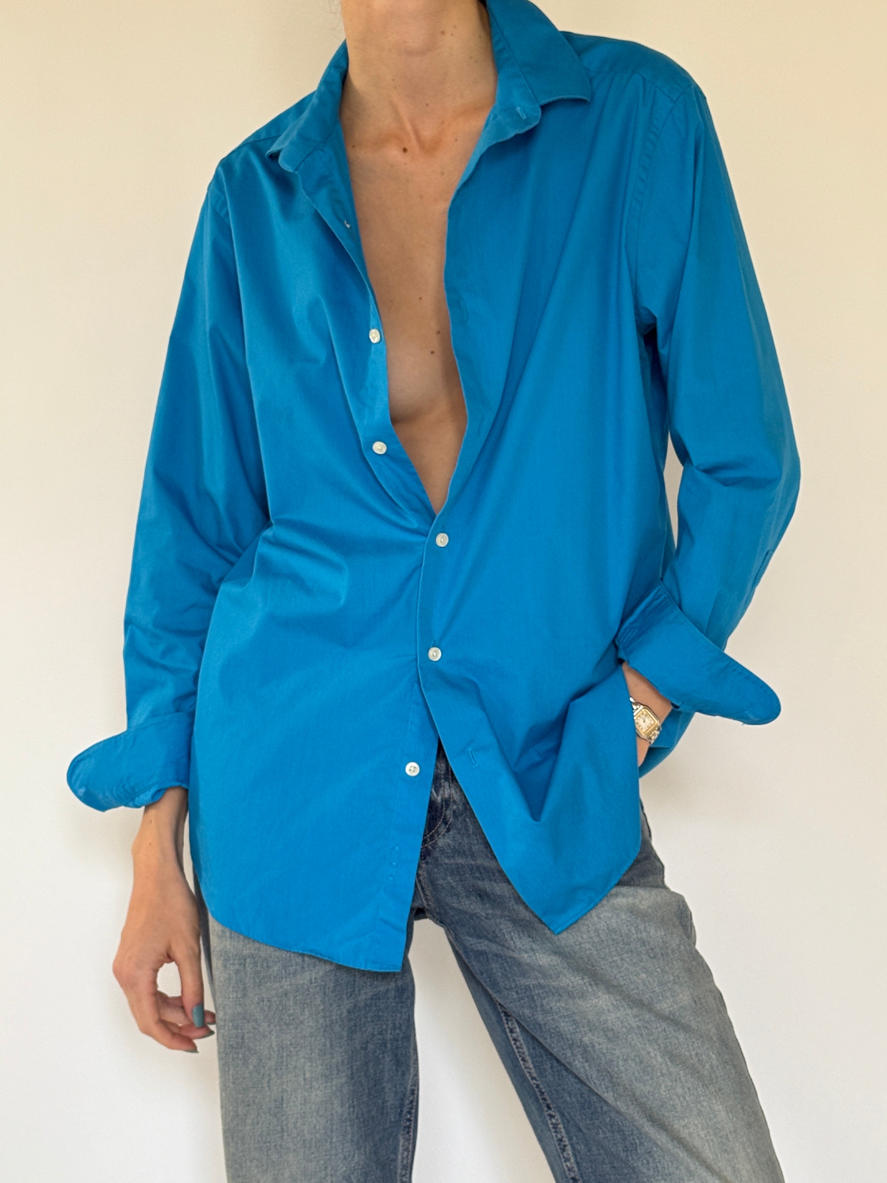 Vintage oversized blue button-up shirt front view